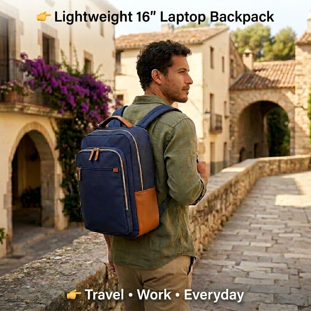 Man wearing navy nylon laptop backpack for work, travel, and everyday carry