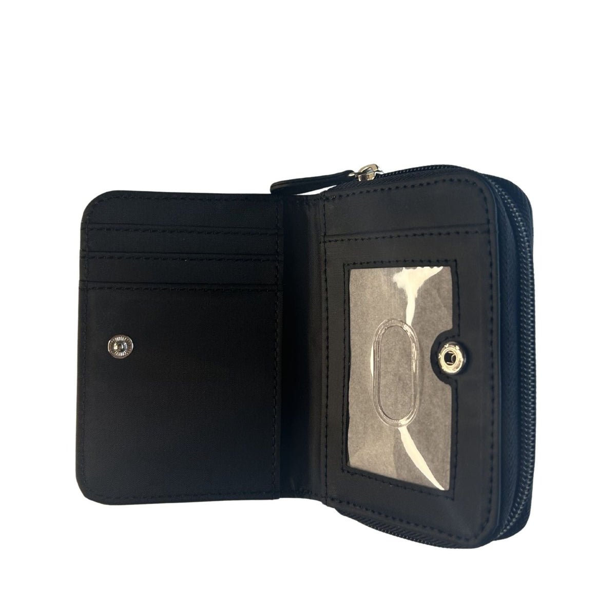 A black lampskin zip-around wallet shown open, displaying its interior card slots, a clear ID window, and silver-tone hardware