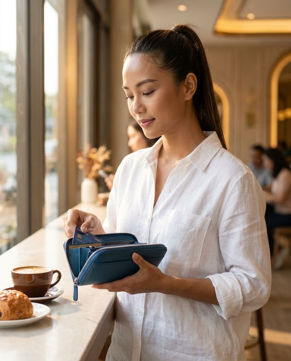 A woman holding an open blue zippered wallet