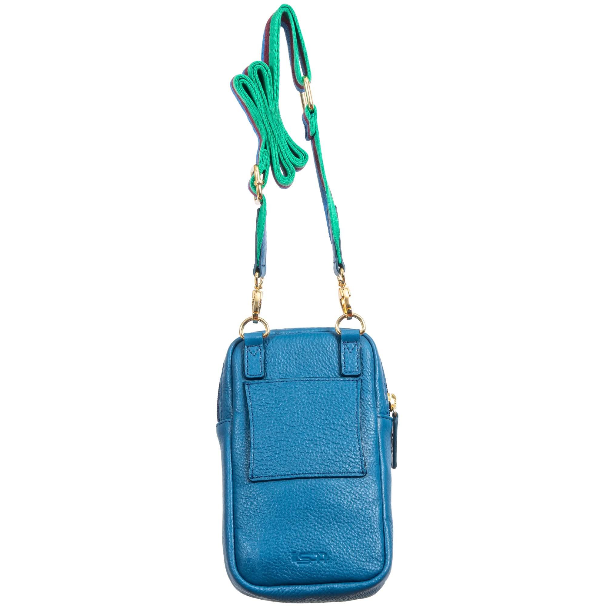 Back view of blue leather phone bag with belt loop