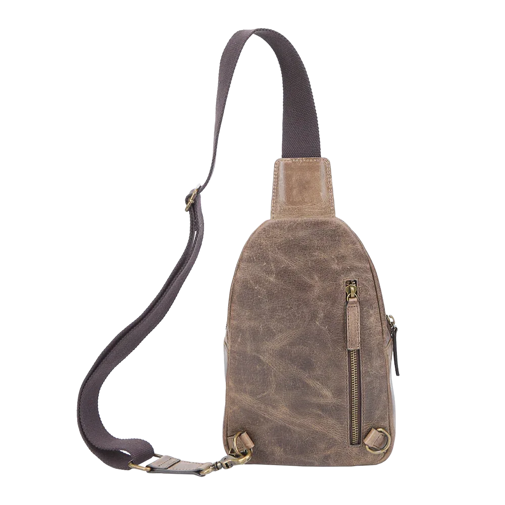 Back view of brown leather crossbody sling bag with adjustable strap