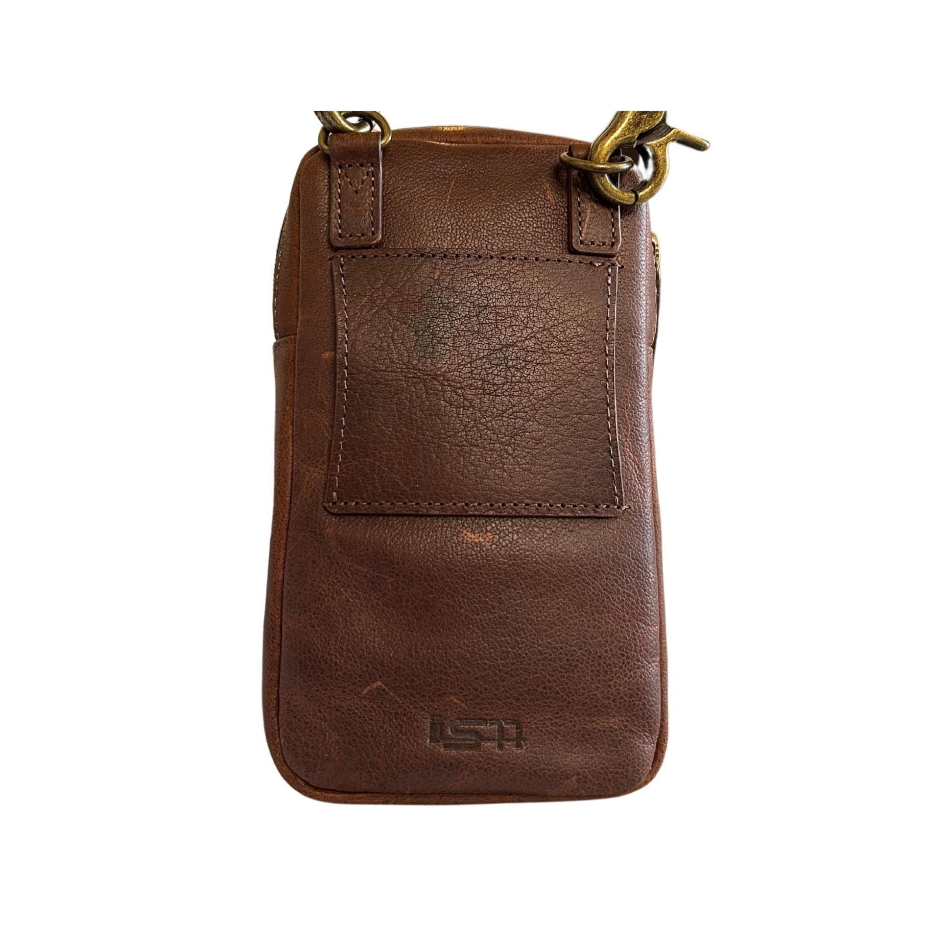Back view of leather phone crossbody bag with belt loop