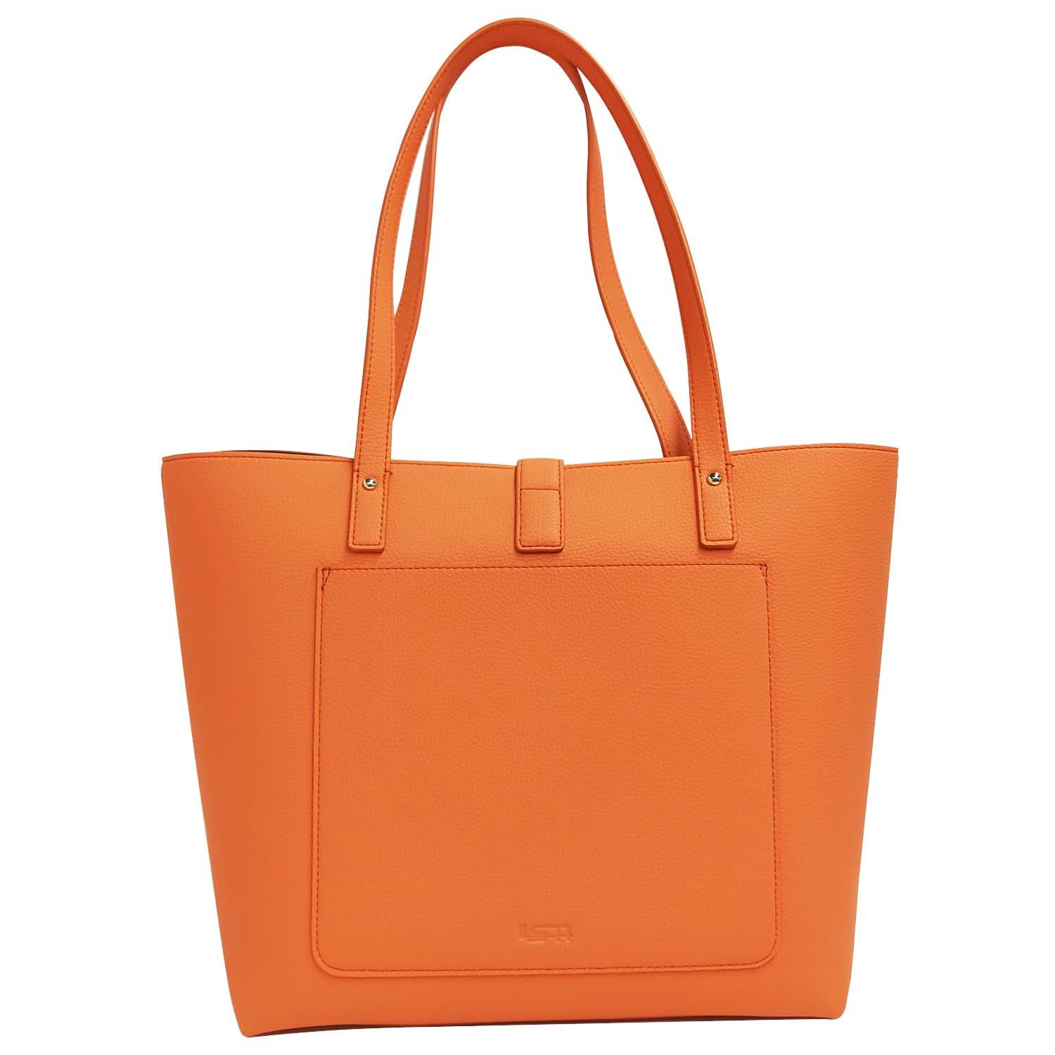 Back view of orange pebbled leather tote bag with exterior pocket