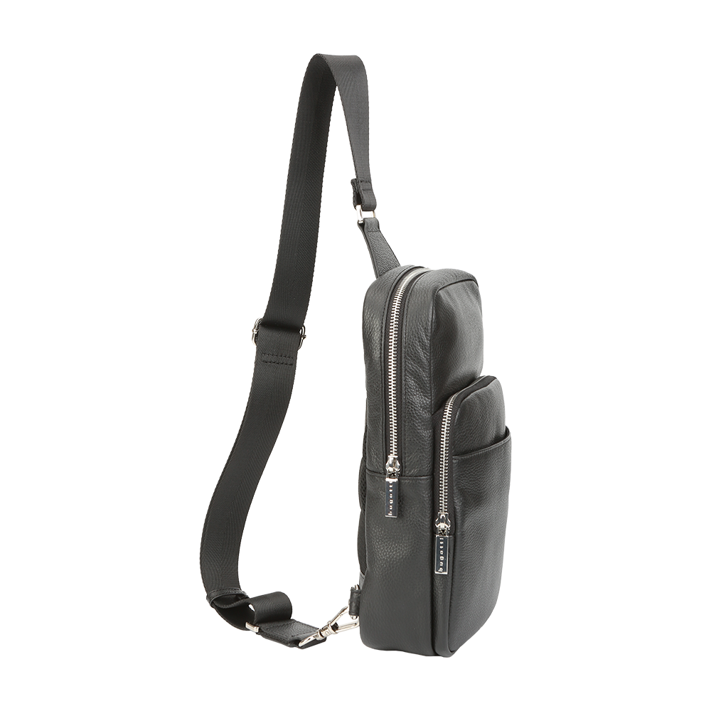 Black leather sling bag with a strap on a white background