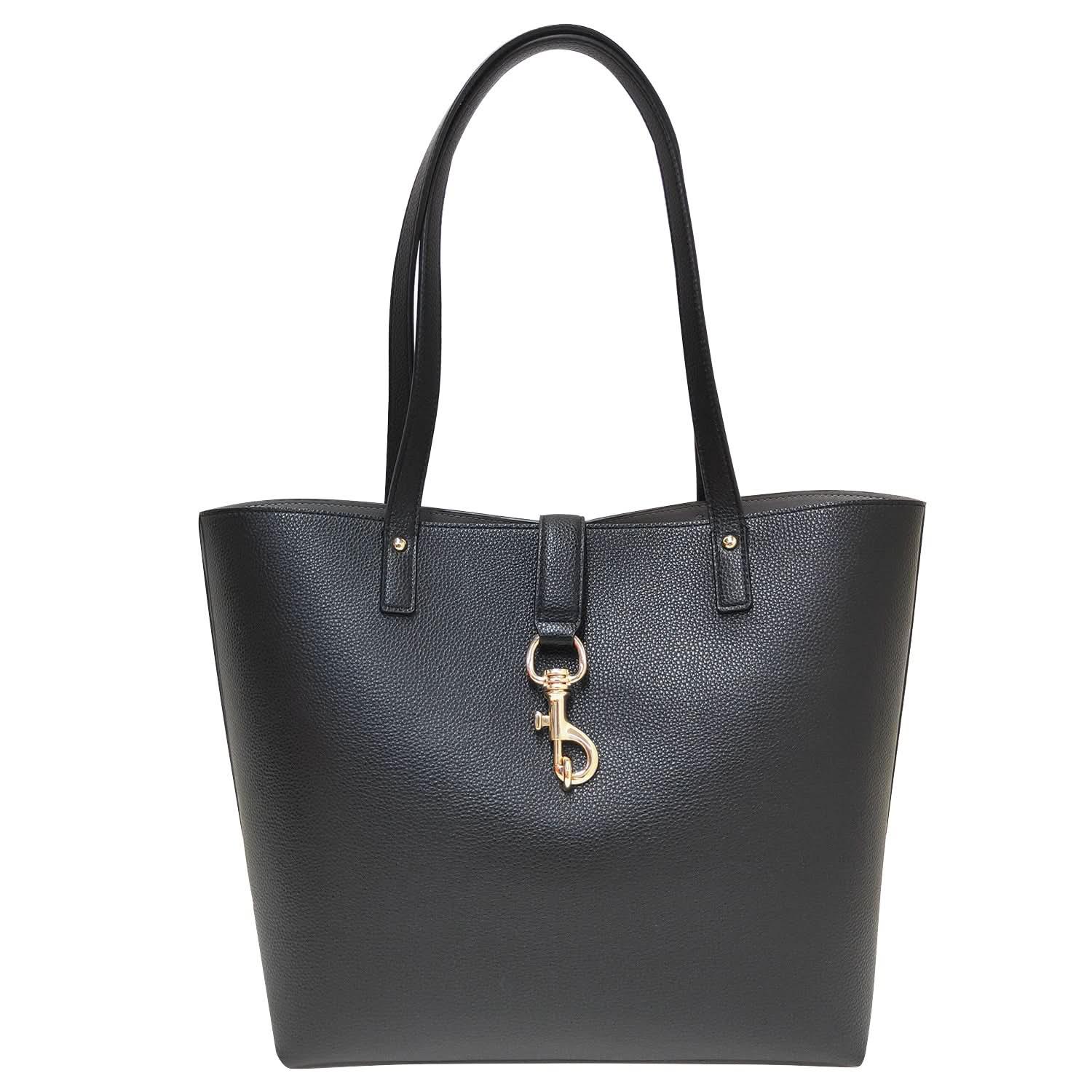 Black pebbled genuine leather tote bag for women with gold hardware