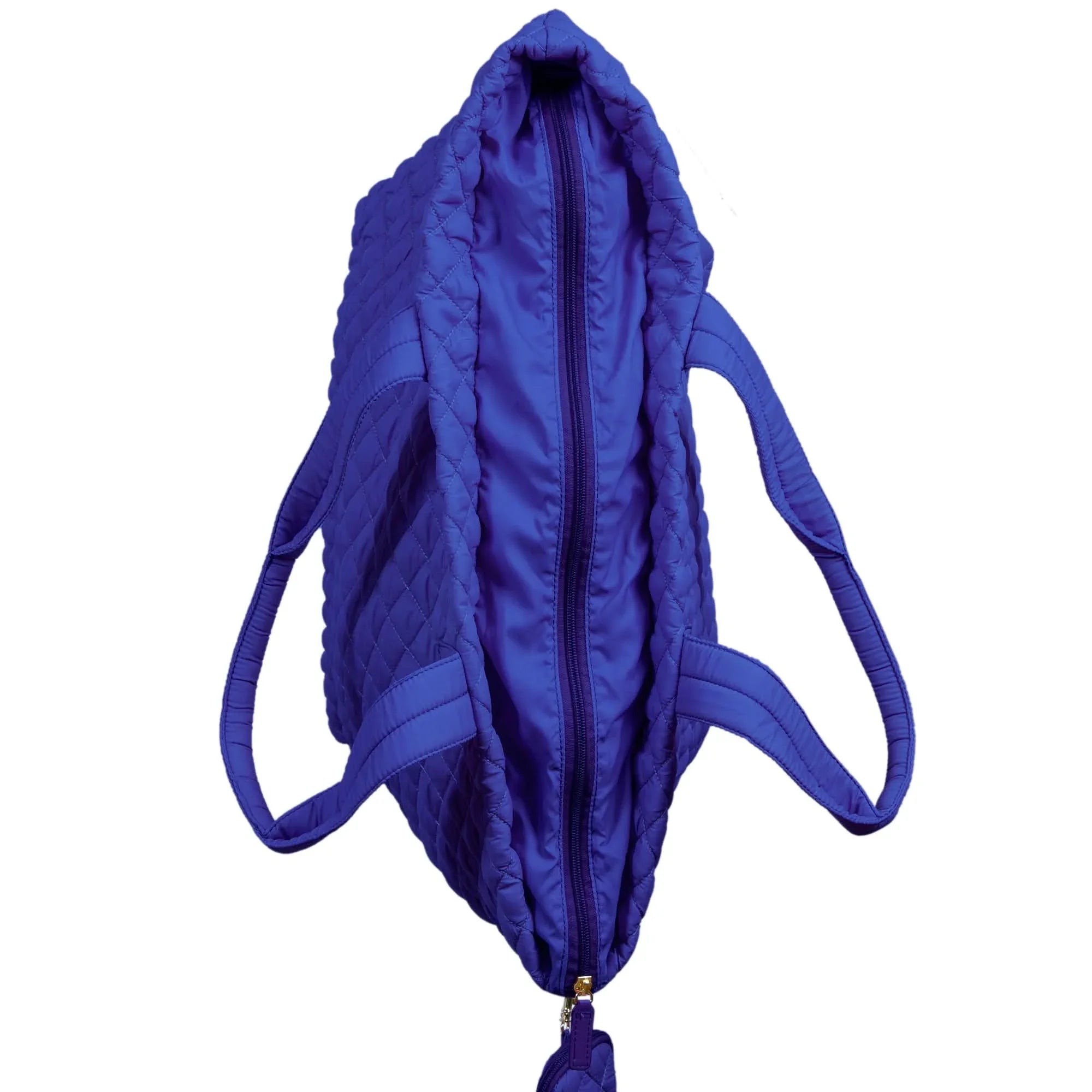Blue quilted nylon tote bag with zipper closure and shoulder straps