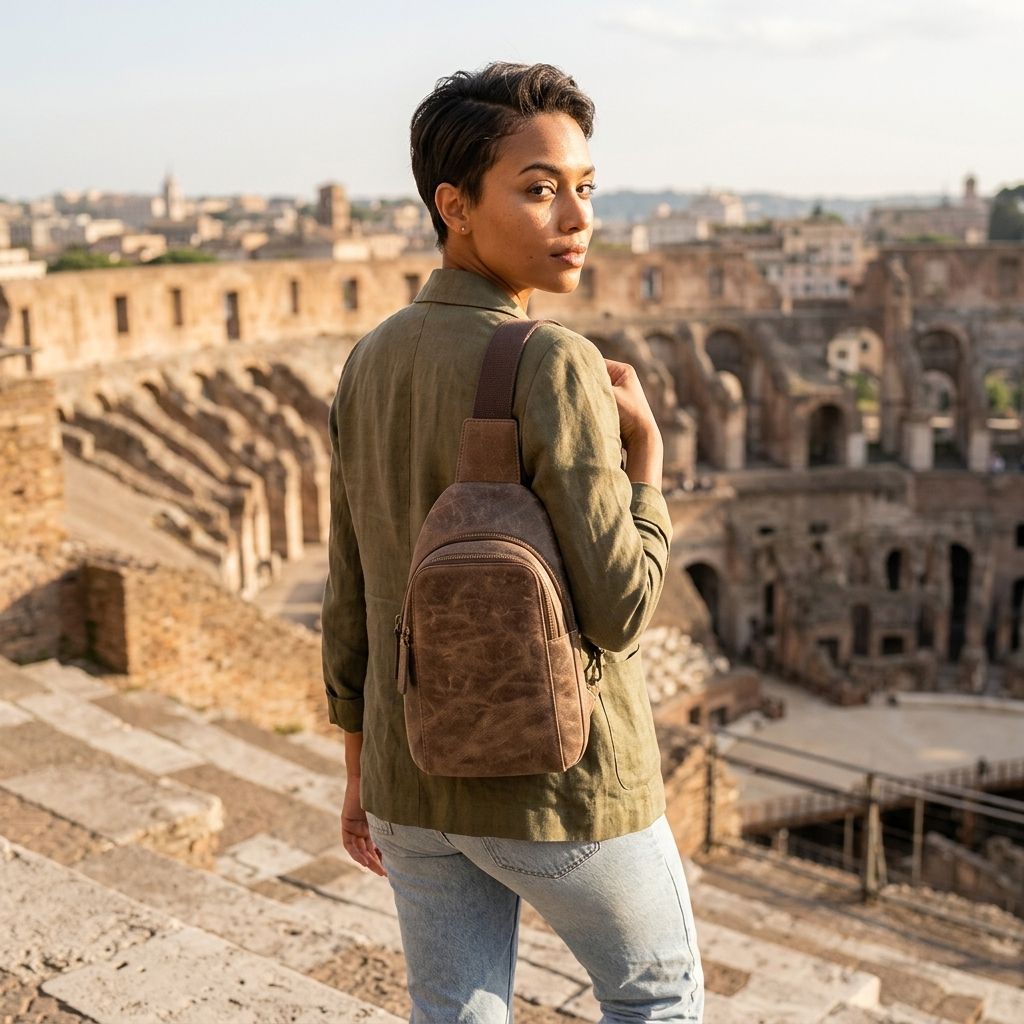 Brown leather sling bag for women styled for sightseeing and everyday carry