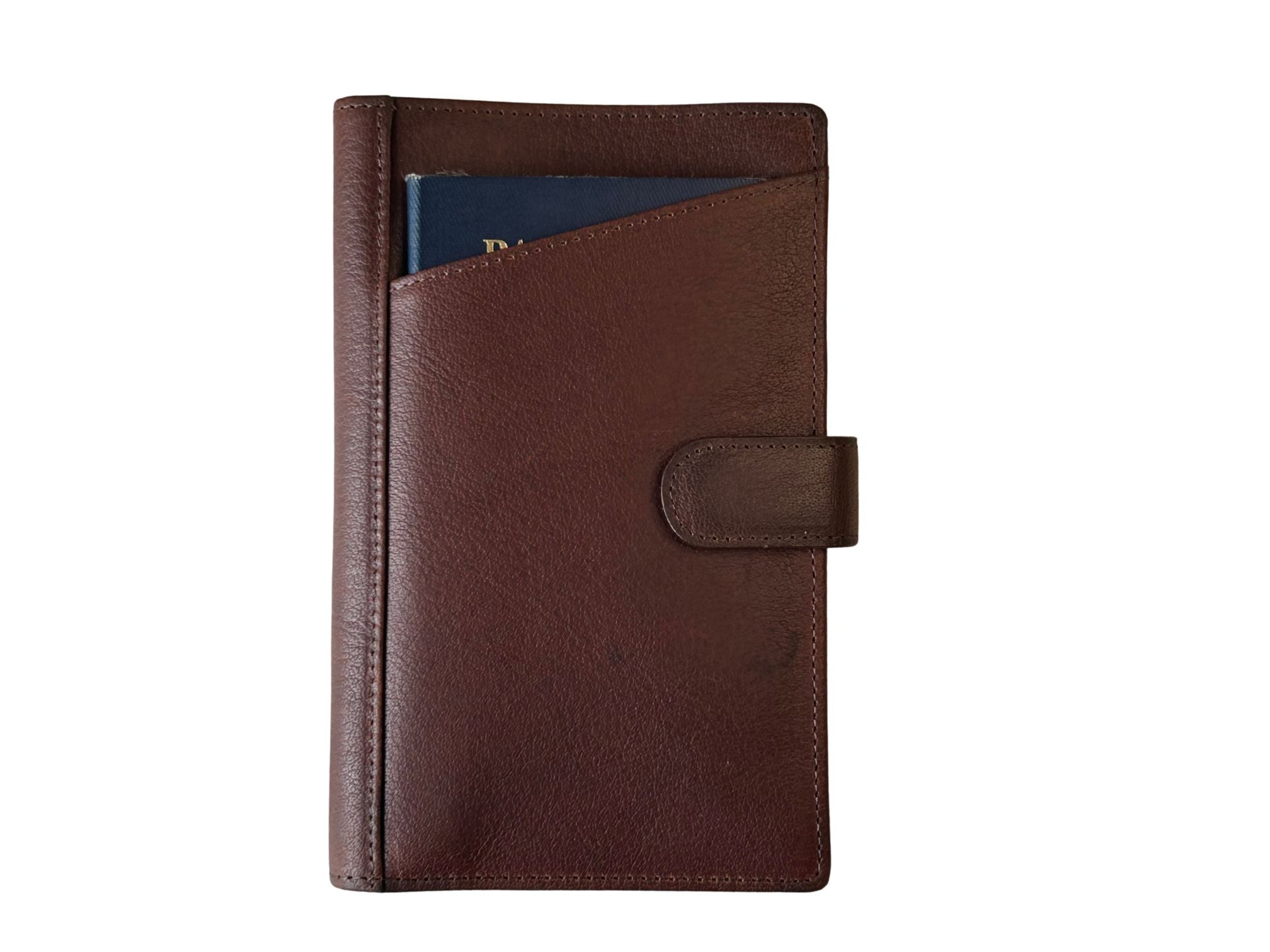 Cambridge full-grain leather travel wallet with exterior passport pocket and snap closure