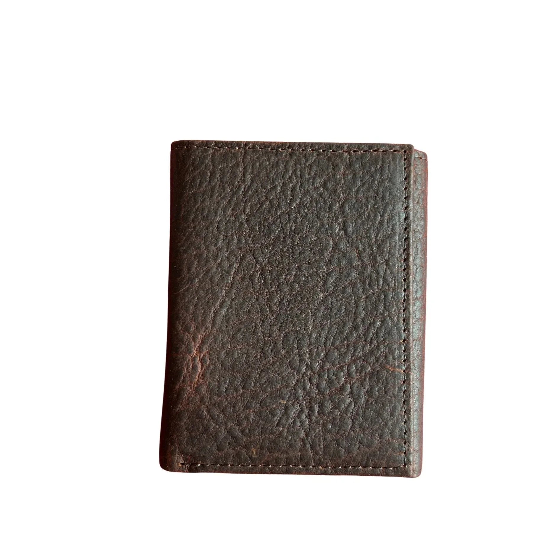 Closed brown bison leather trifold wallet with natural grain texture