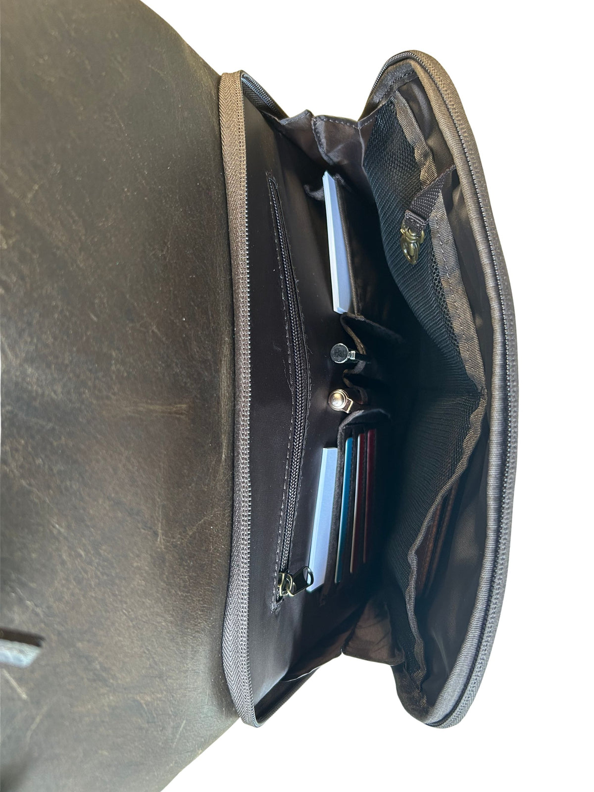 Crazy Horse leather backpack front organizer compartment with card slots, pen loops, key clip and zip pocket