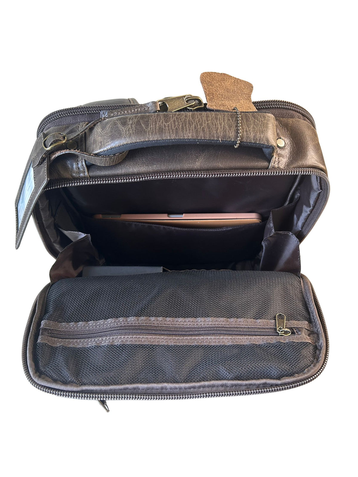 Crazy Horse leather backpack main compartment with iPad pocket, organizer pockets and zippered pocket