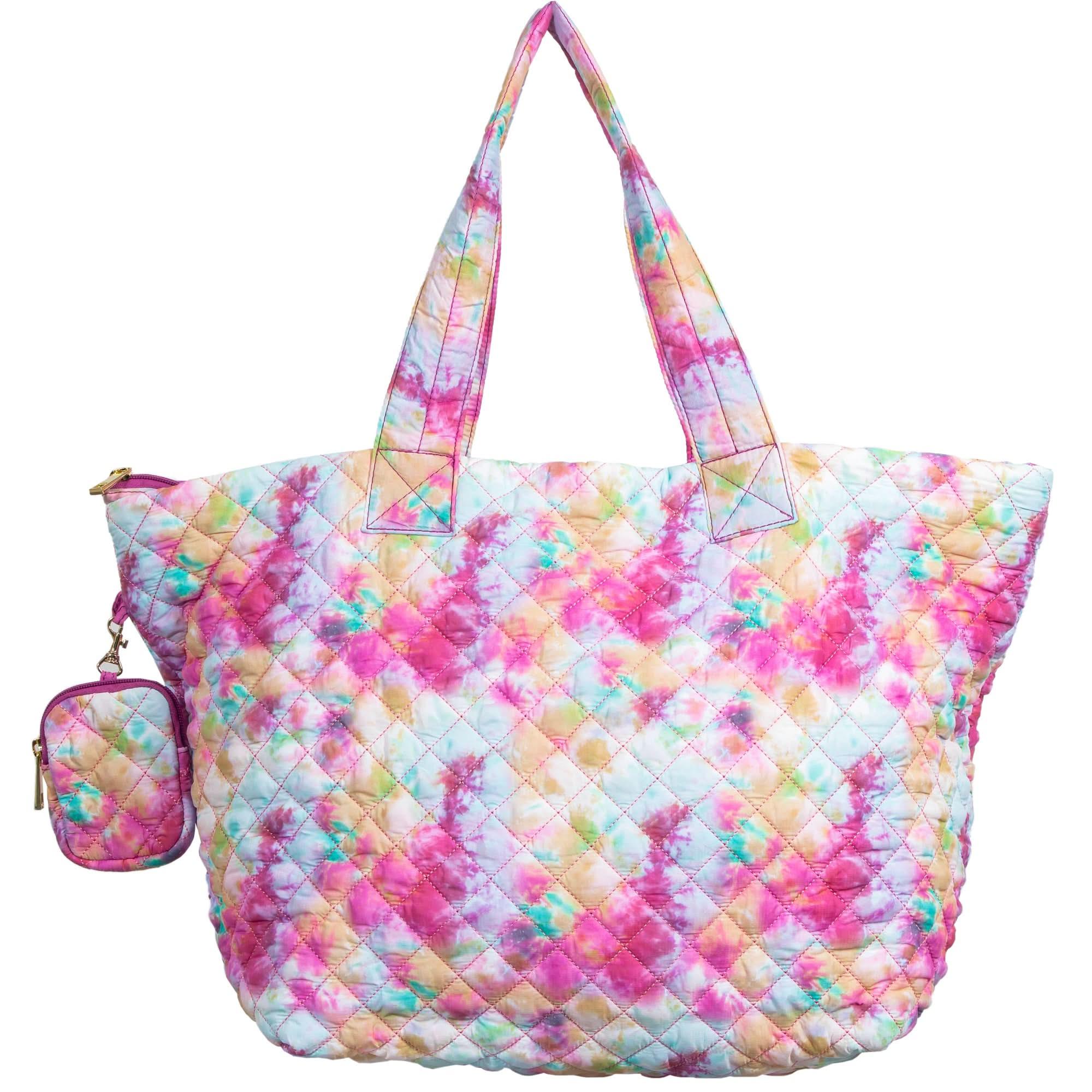Floral quilted nylon tote bag for travel beach and everyday carry