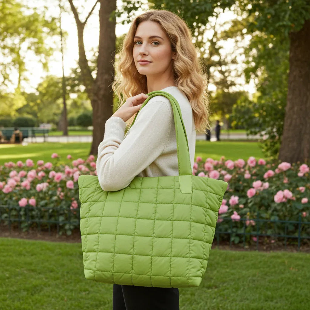 Green quilted nylon tote bag for women styled for everyday carry
