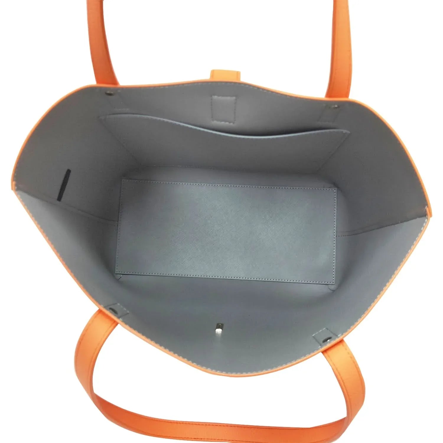 Interior of pebbled leather tote bag with microfiber lining