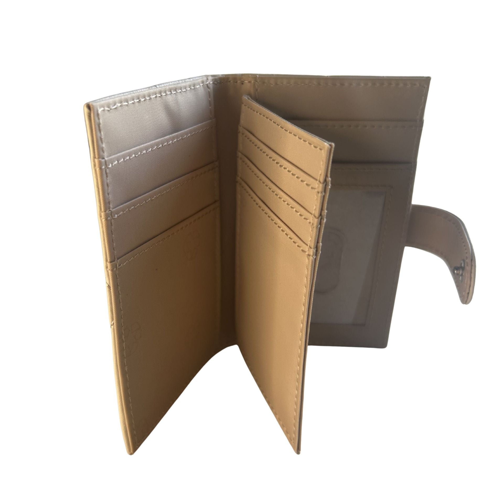 Interior view of the lambskin leather bifold wallet, displaying its interior card slots, ID window, and interior lining.