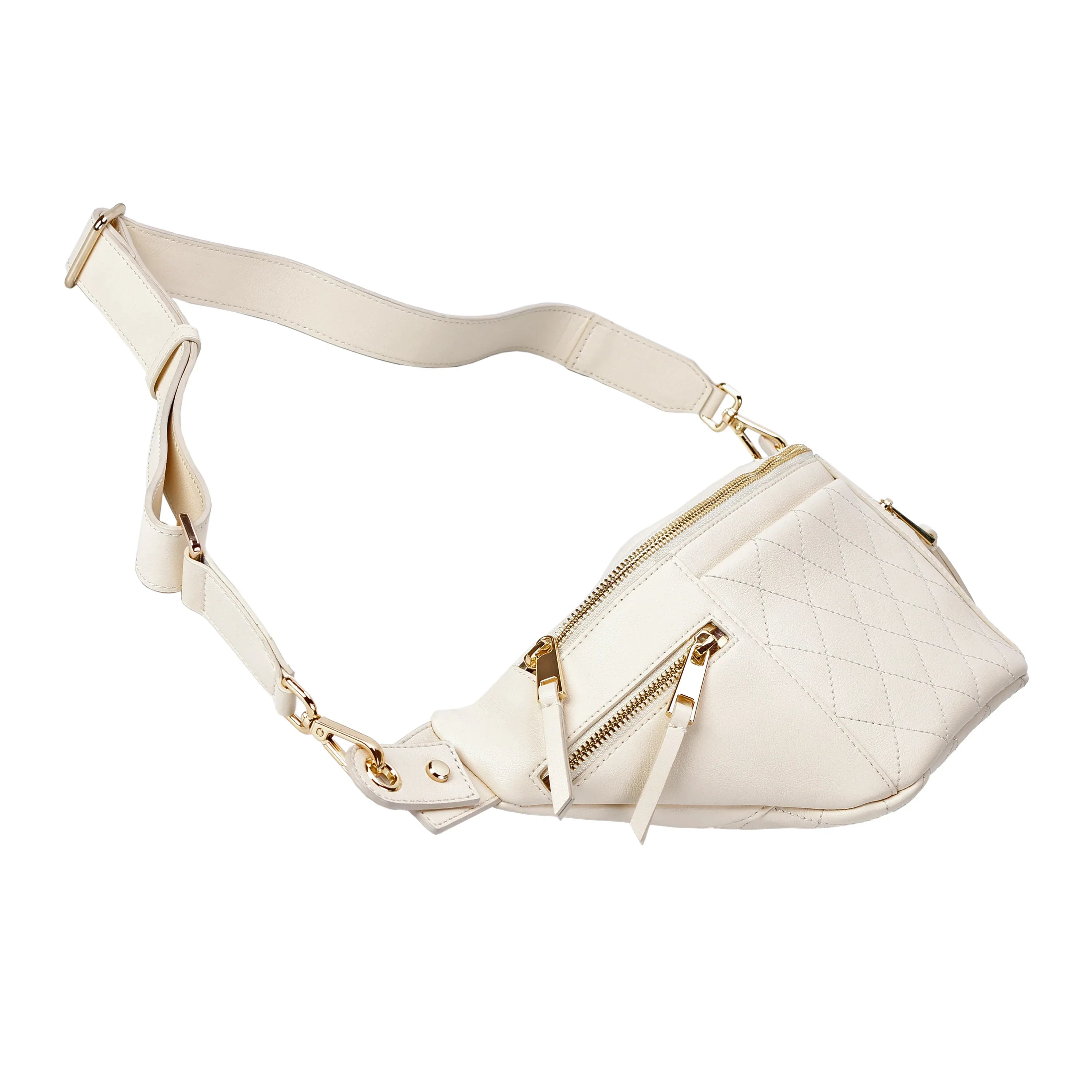 White Quilted Leather Belt Bag with Dual Top Zippers Luggage & Bags bag chic quilted belt purse crossbody belt bag designer inspired waist bag elegant leather bum bag Leather leather belt bag New Arrivals quilted travel bag quilted waist bag Waist Bag white leather fanny pack white quilted belt bag women’s leather belt bag