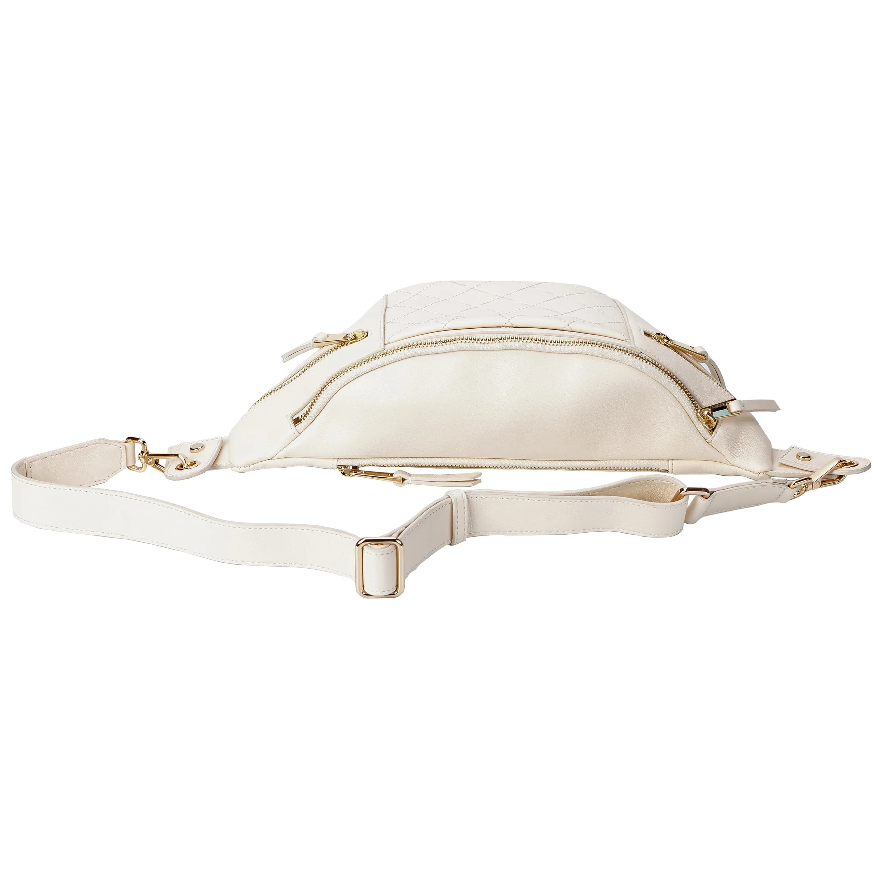 White Quilted Leather Belt Bag with Dual Top Zippers Luggage & Bags bag chic quilted belt purse crossbody belt bag designer inspired waist bag elegant leather bum bag Leather leather belt bag New Arrivals quilted travel bag quilted waist bag Waist Bag white leather fanny pack white quilted belt bag women’s leather belt bag