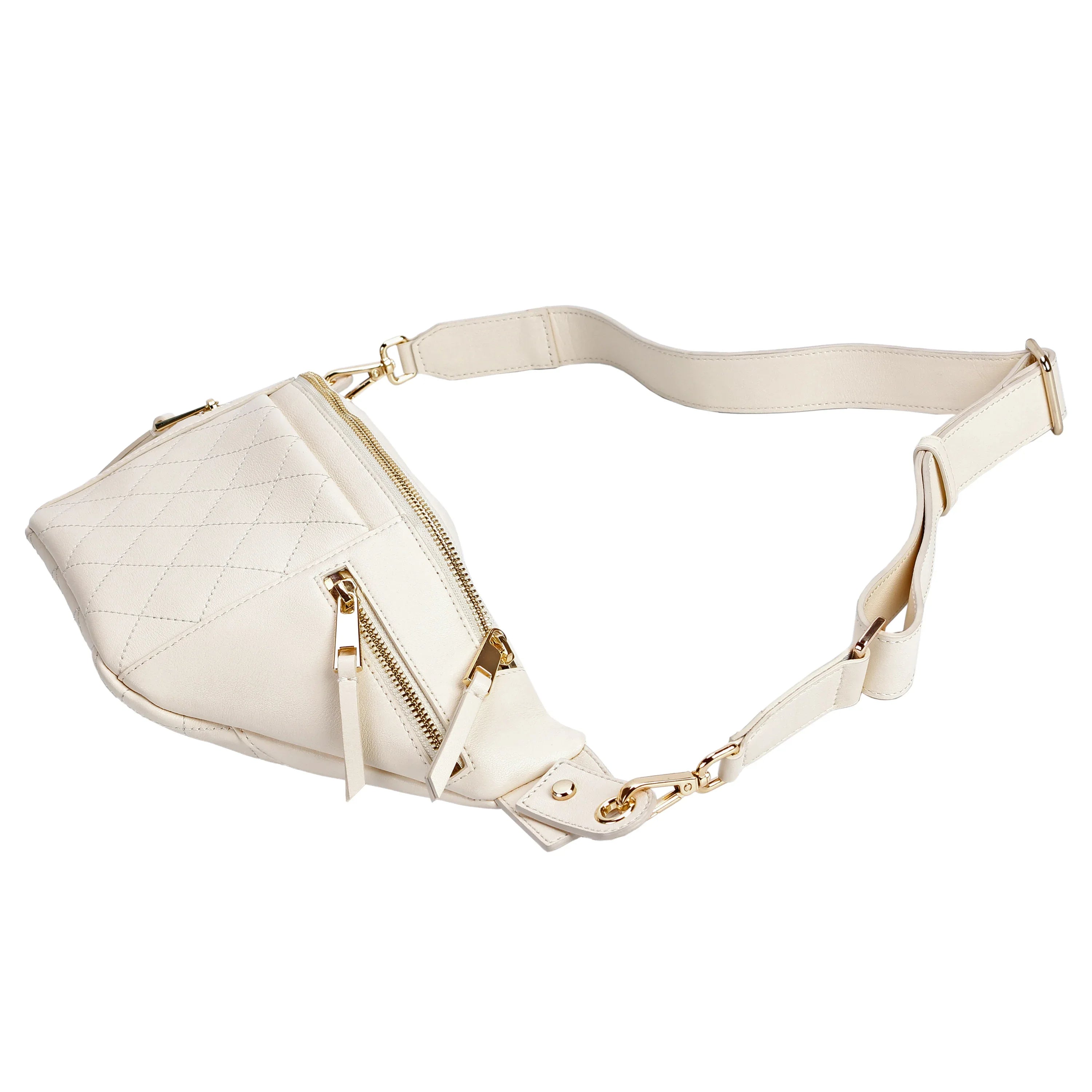 White Quilted Leather Belt Bag with Dual Top Zippers Luggage & Bags bag chic quilted belt purse crossbody belt bag designer inspired waist bag elegant leather bum bag Leather leather belt bag New Arrivals quilted travel bag quilted waist bag Waist Bag white leather fanny pack white quilted belt bag women’s leather belt bag