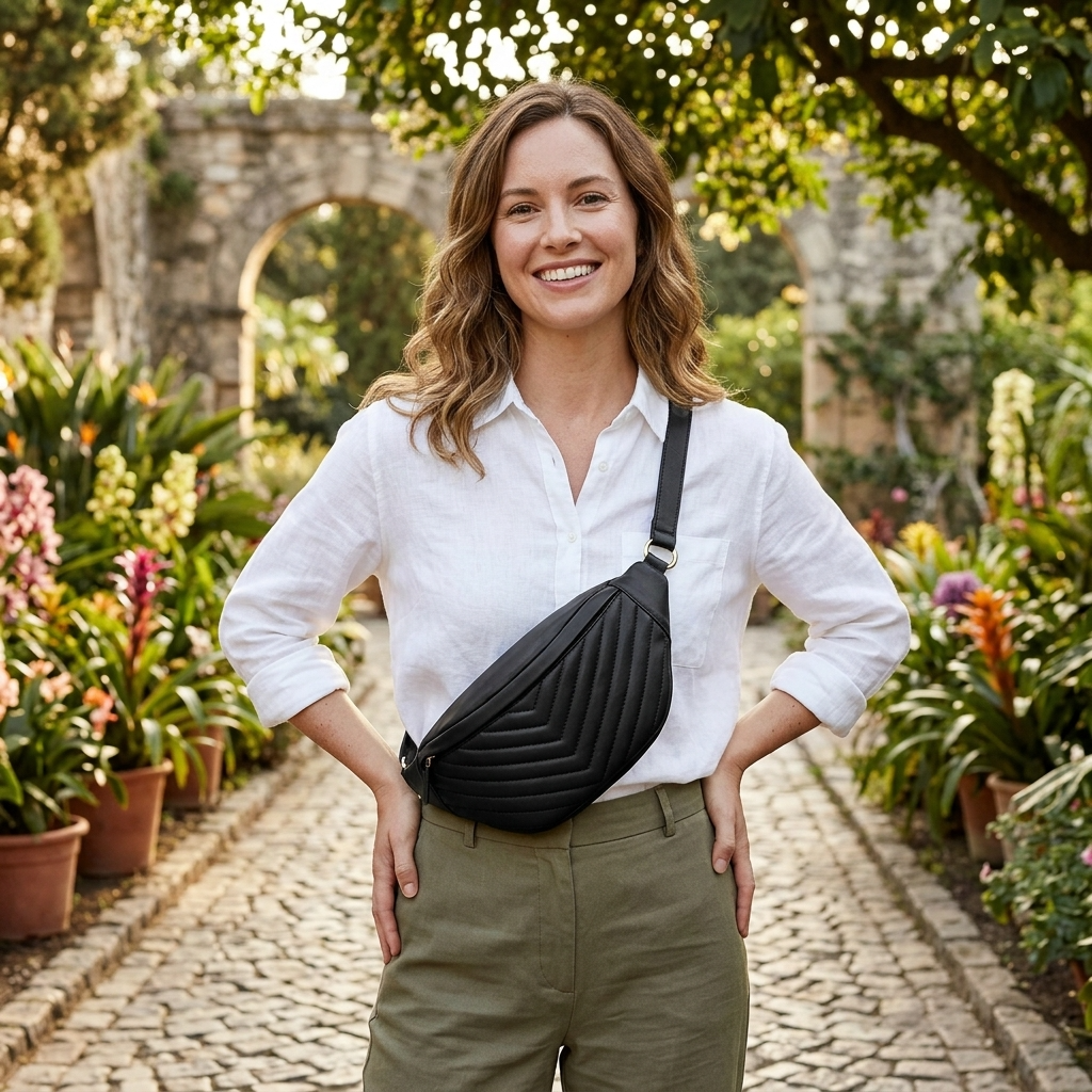 Woman wearing black embroidered lambskin waist bag outdoors