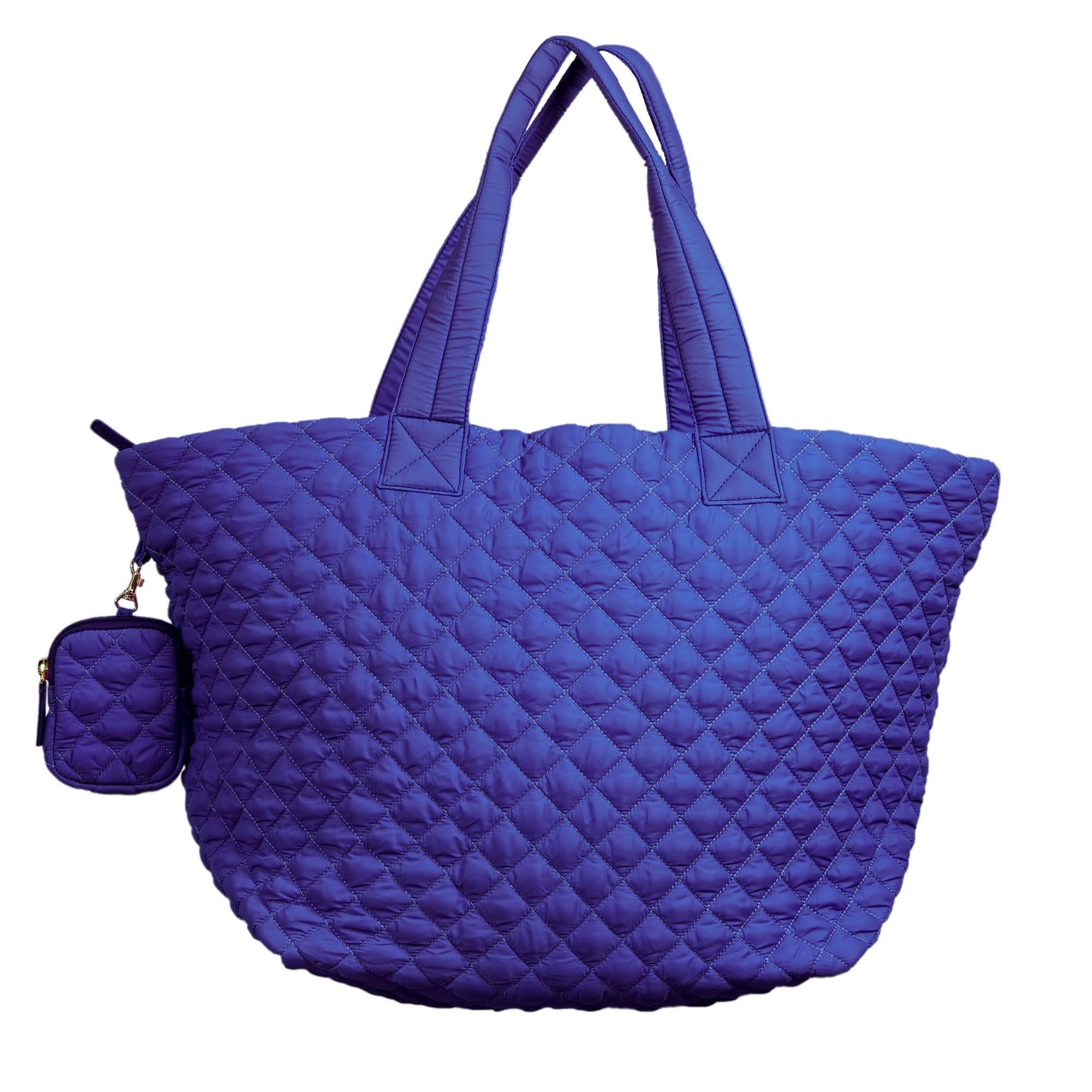 Large blue quilted nylon tote bag with detachable mini pouch