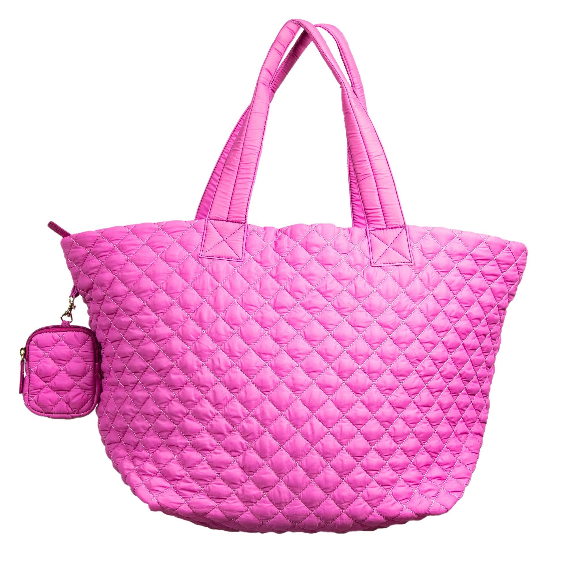 Large pink quilted nylon travel tote bag with detachable mini pouch