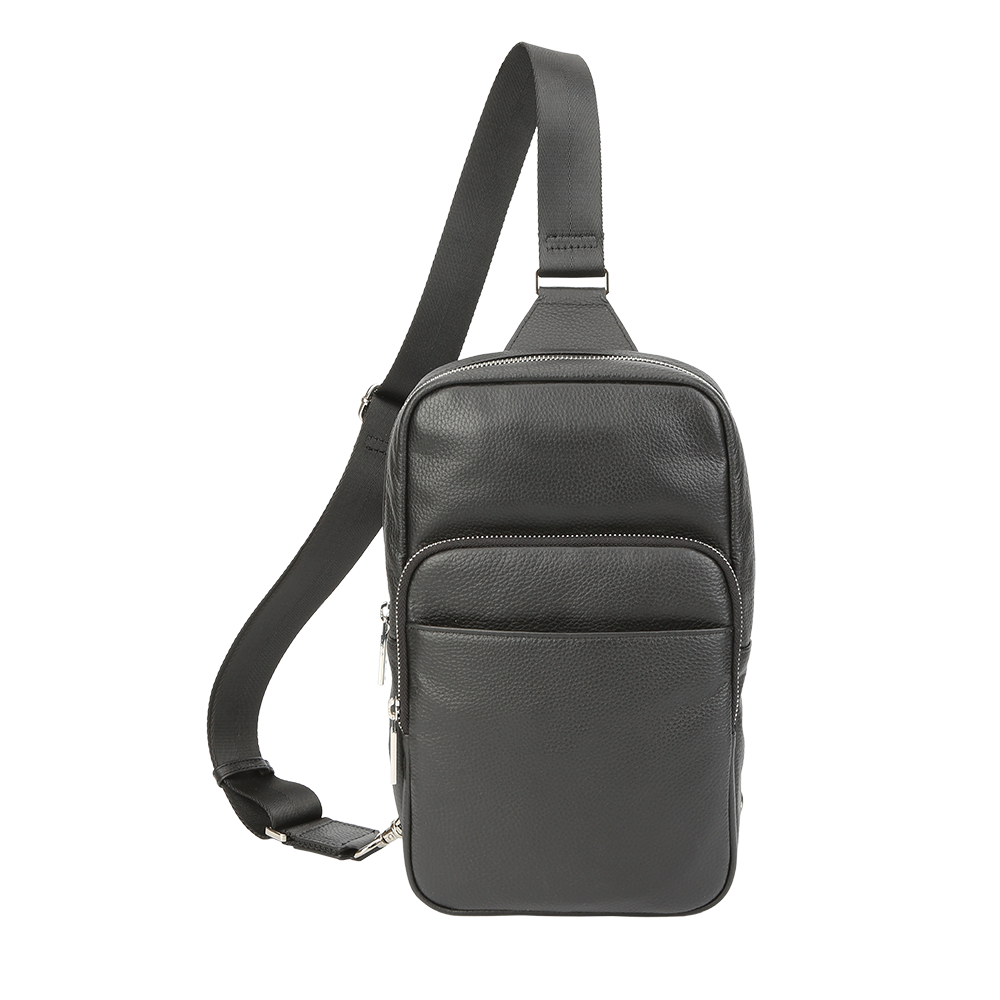 Black leather sling bag on a white background