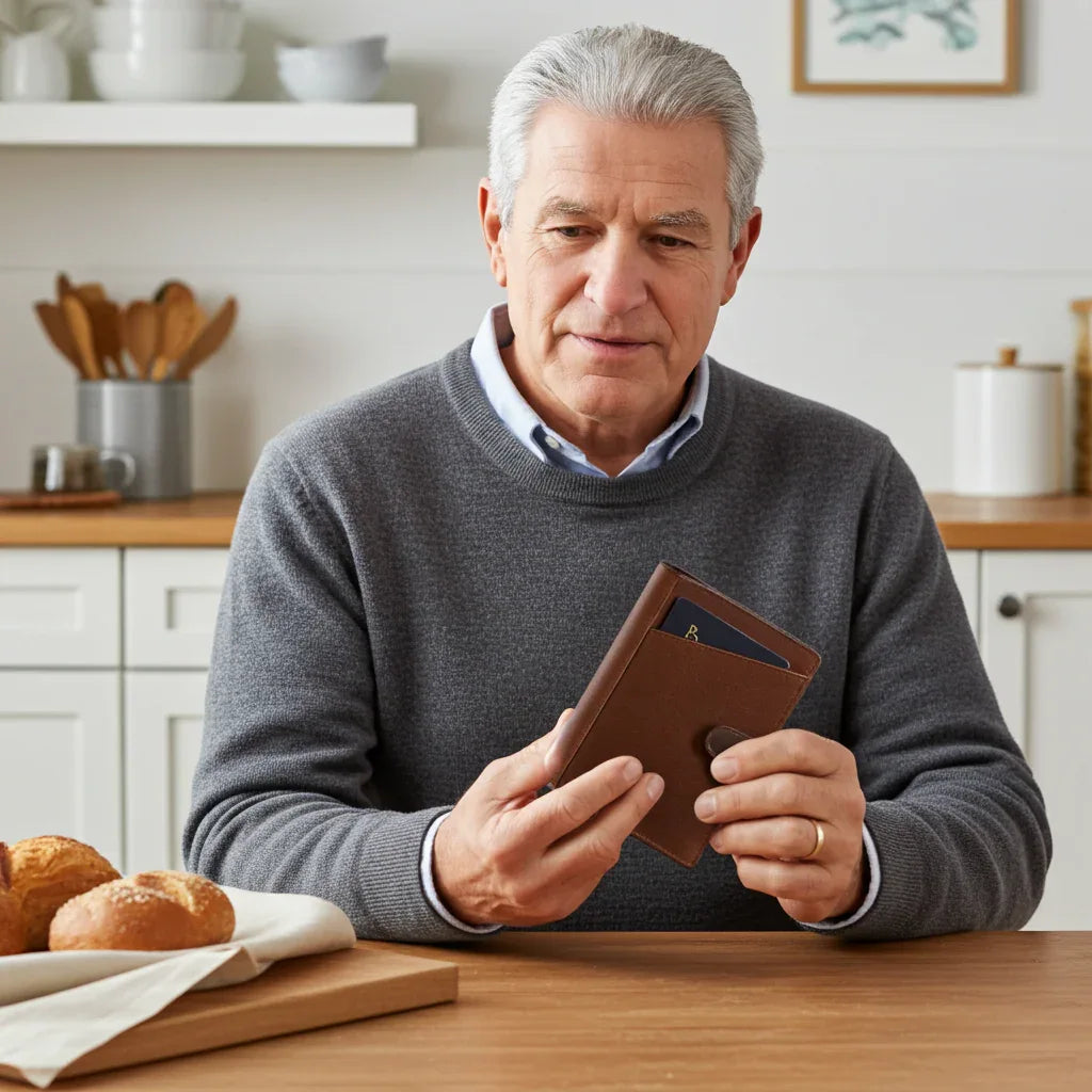 Man holding Cambridge leather passport wallet for travel organization