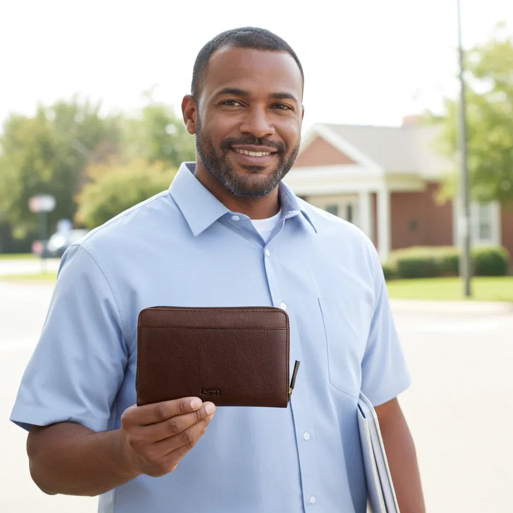 Man holding dark brown leather wallet for everyday carry