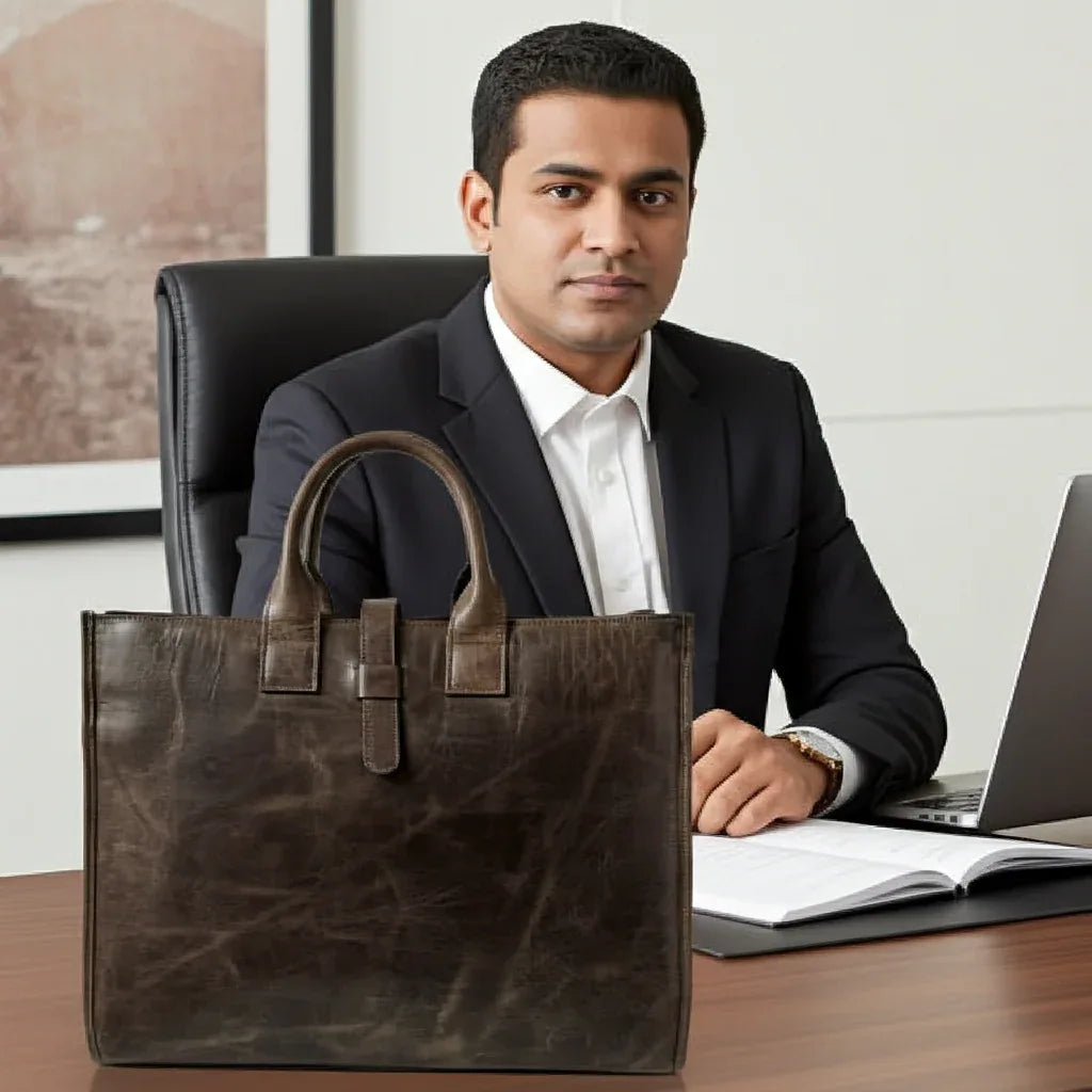 Man in a suit sitting at a desk with a brown leather bag