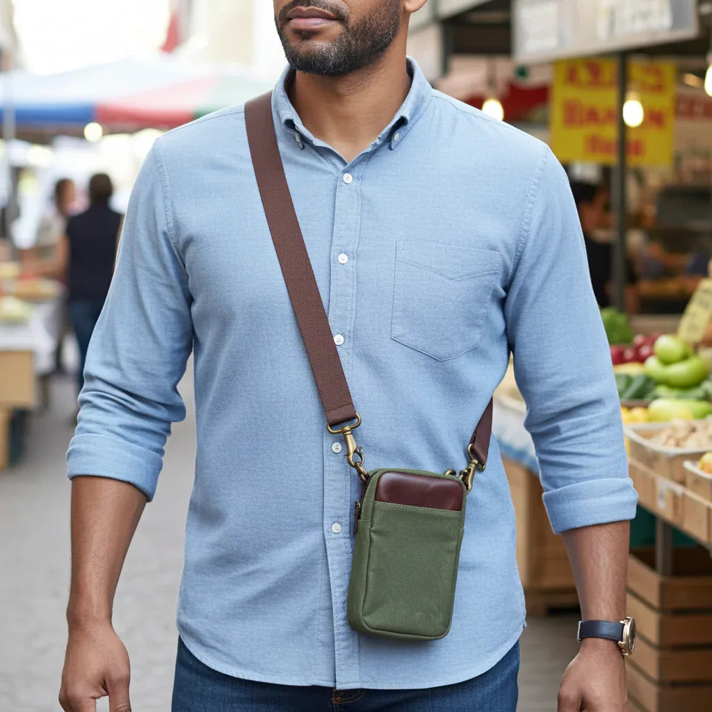 Man wearing Maxwell waxed canvas crossbody phone pouch for everyday carry