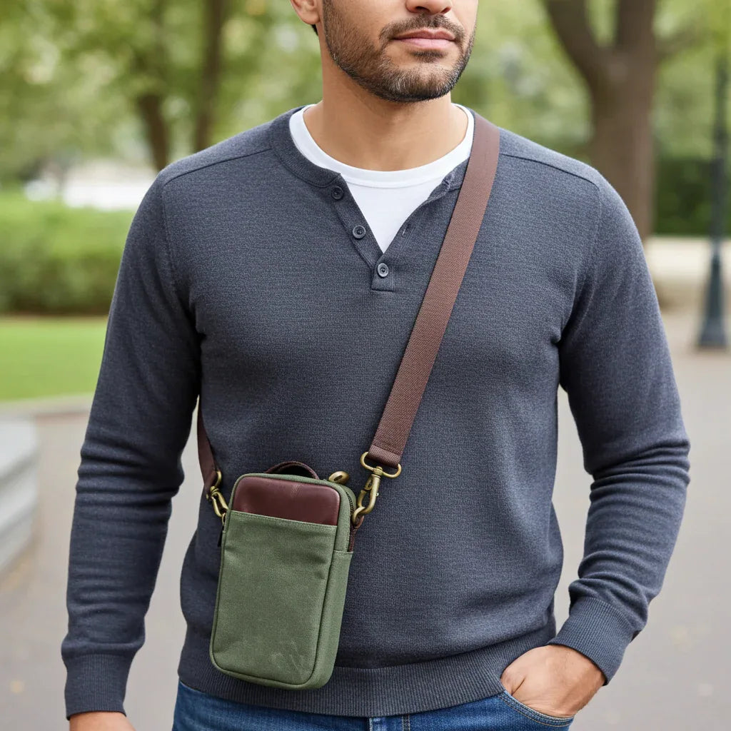 Man wearing waxed canvas phone case wallet as a crossbody pouch