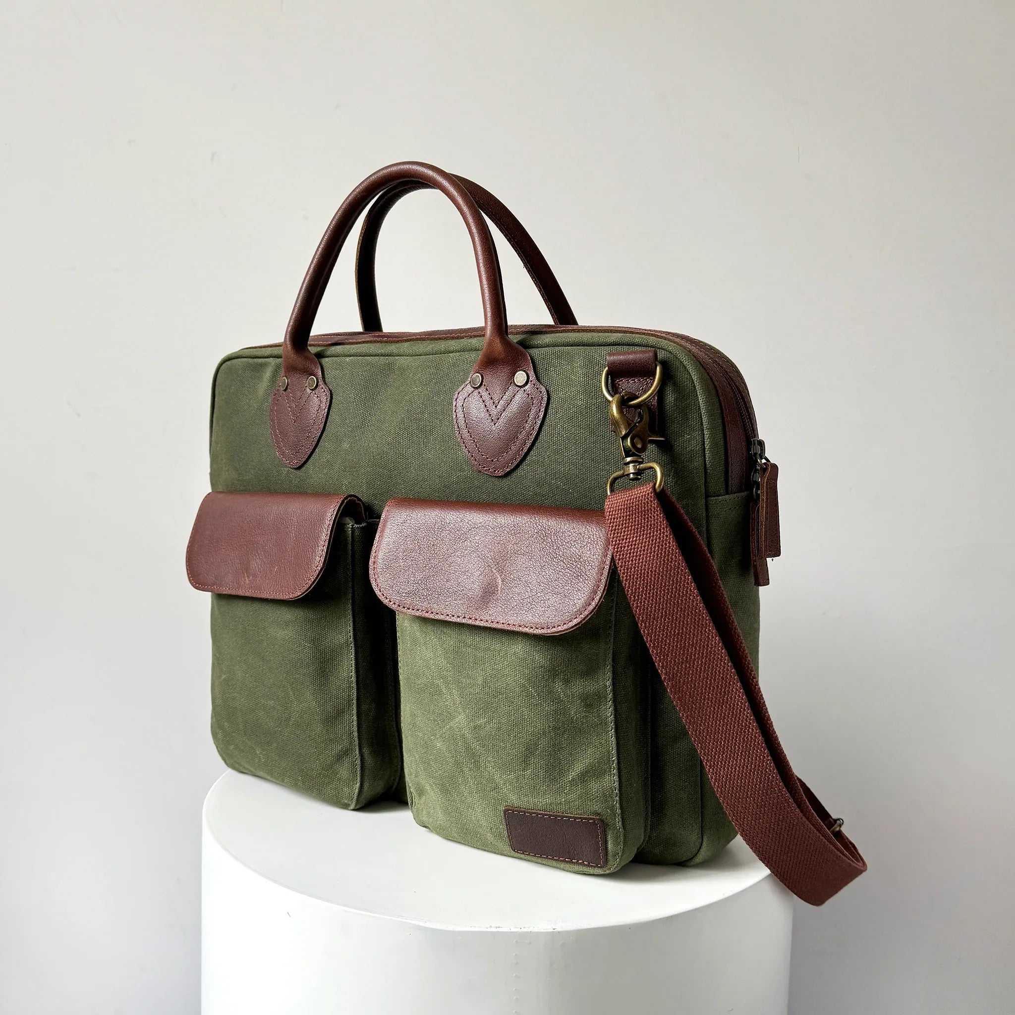 16" Waxed Canvas Laptop Messenger Bag | Maxwell Top-Zip Collection Messenger Bag 16 Inch Laptop Bag Full Grain Leather Maxwell collection Men's Work Bag Messenger Bag professional messenger bag Secure Messenger Bag Top Zip Messenger travel messenger bag Waxed Canvas