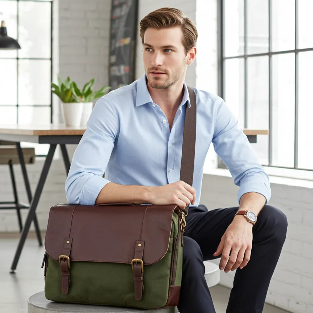 Maxwell Waxed Canvas Messenger Bag - 16'' Laptop - Structured Work & Travel Briefcase Canvas Leather Crossbody Leather bag Messenger Bag Top Pick
