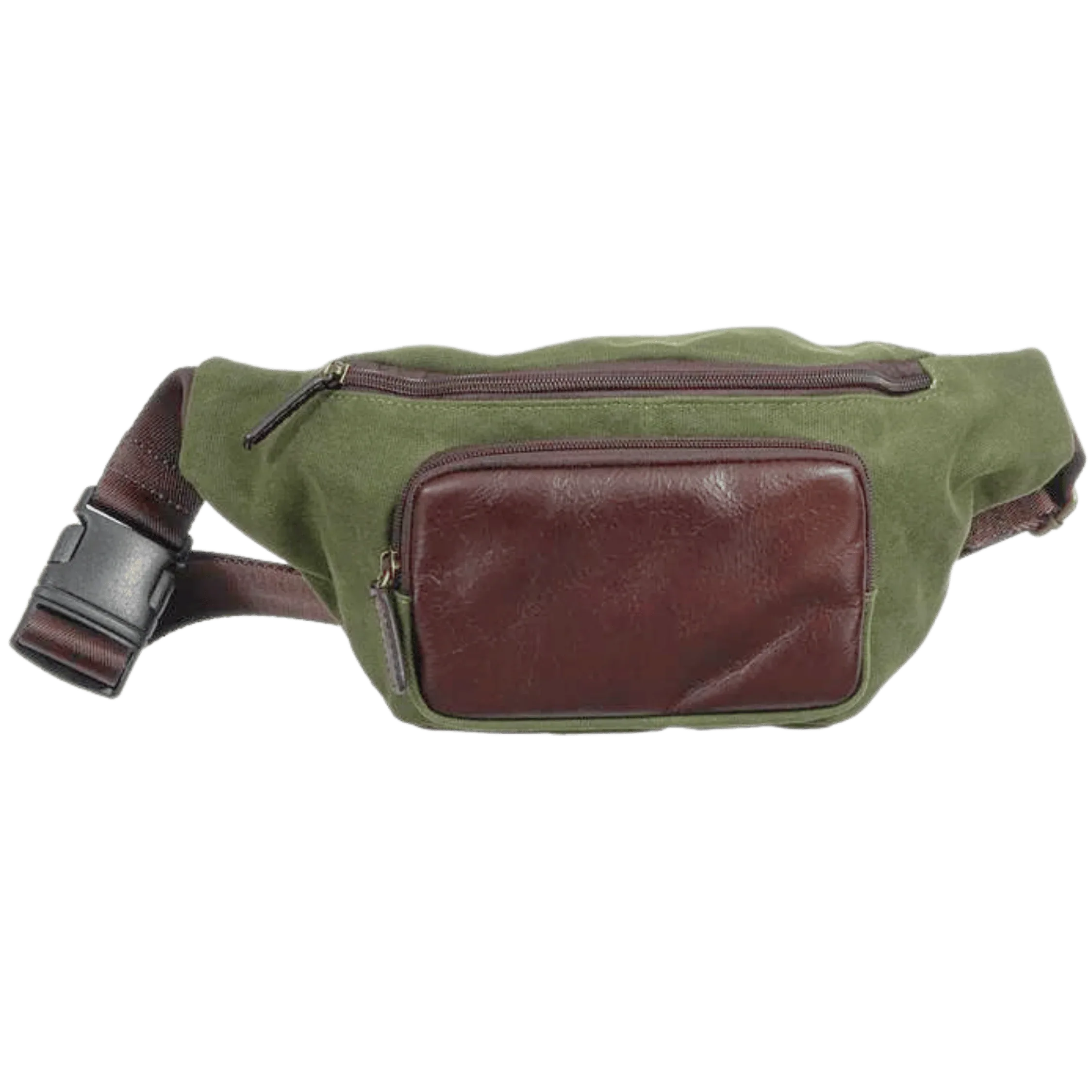 Front view of Maxwell waxed canvas waist pack with leather zipper pocket