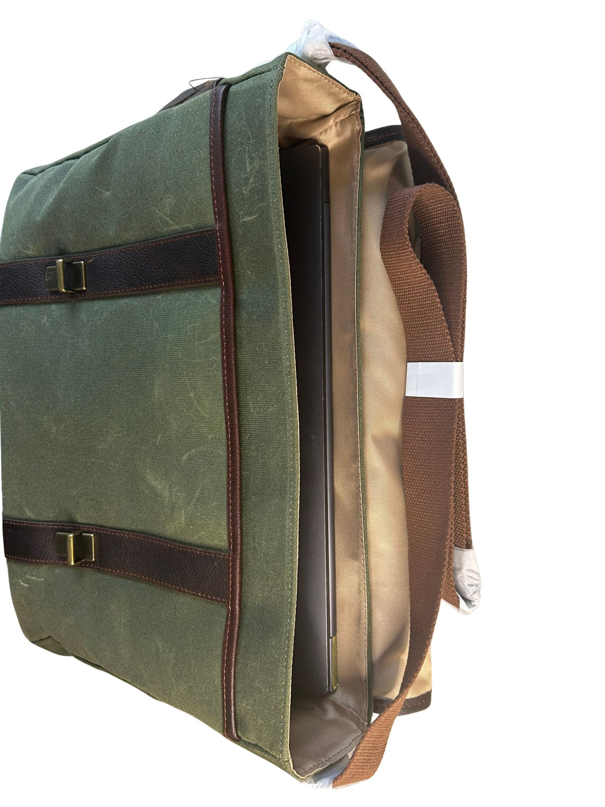 Maxwell Classic waxed canvas messenger bag main compartment shown with 16-inch Lenovo laptop