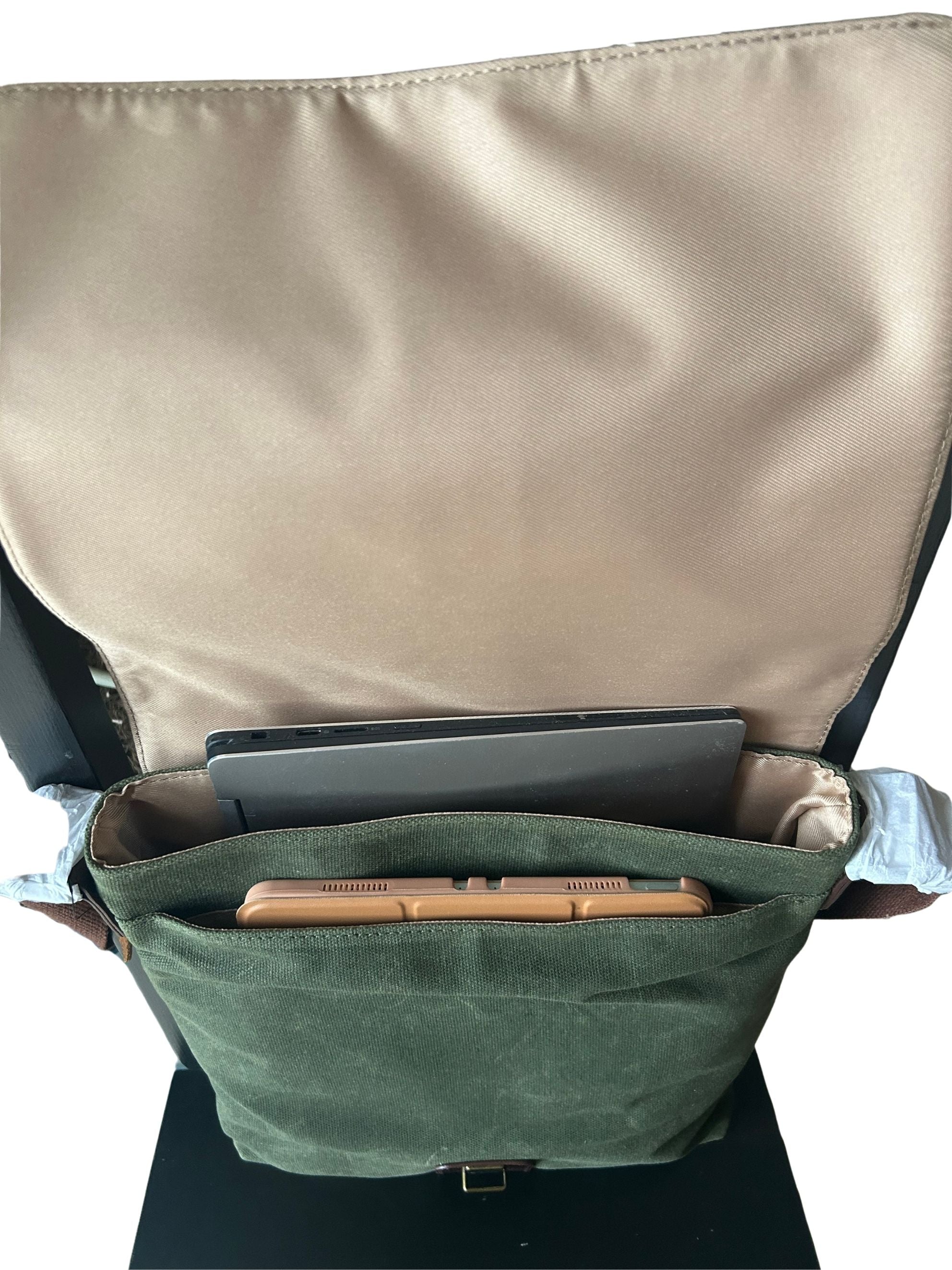 Maxwell compact waxed canvas messenger bag front slip pocket holding iPad
