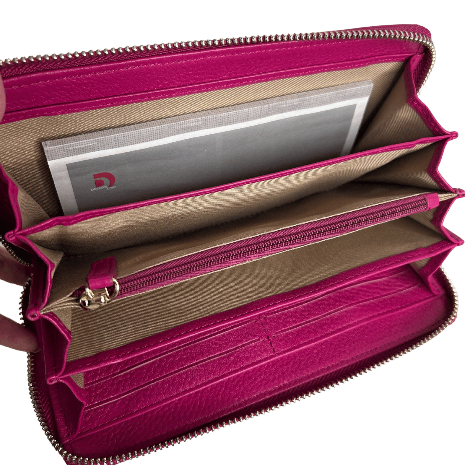 Leather wallet, pink wallet, pink wallet inside, zipper around wallet, checkbook wallet, passport wallet