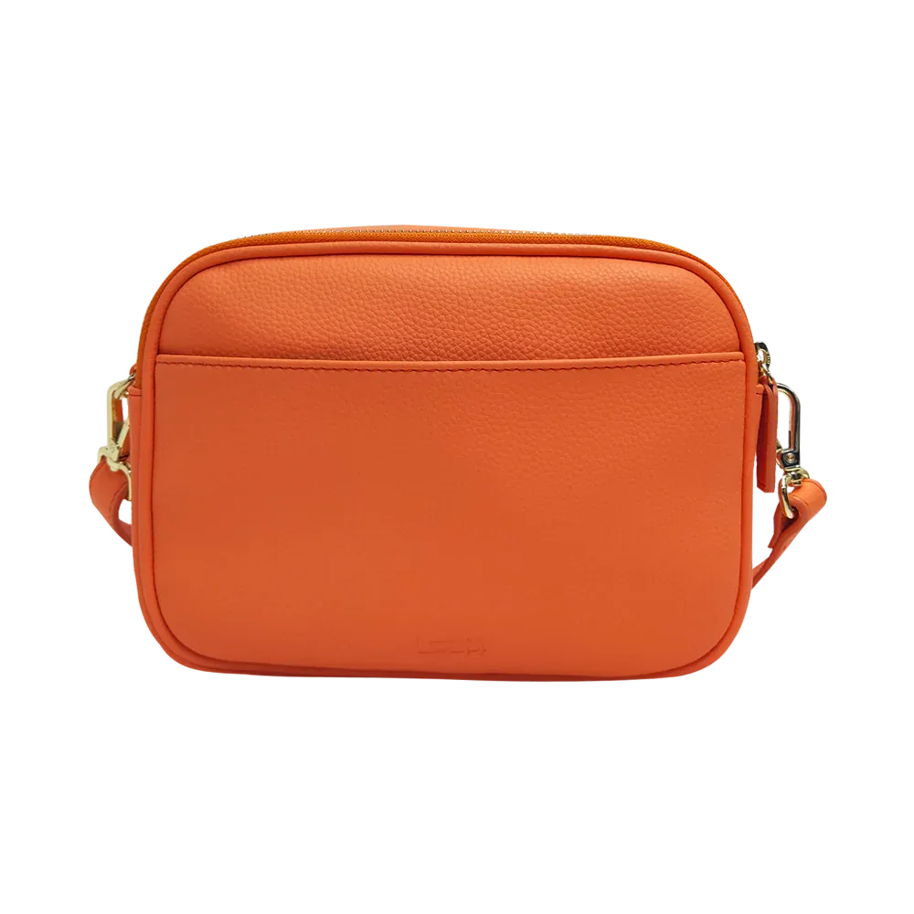 Orange genuine leather double-zip crossbody bag with adjustable strap
