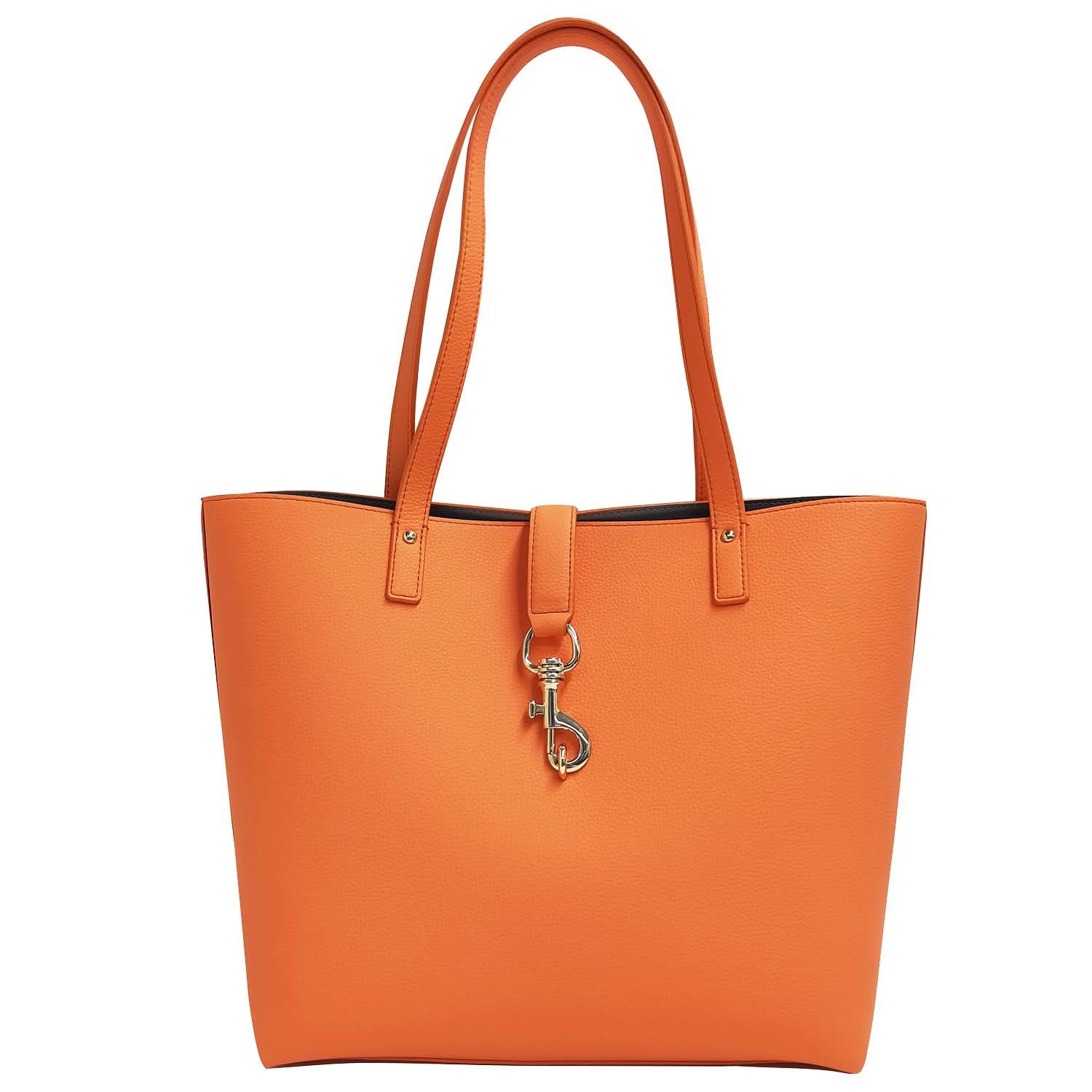 Orange pebbled genuine leather tote bag for women