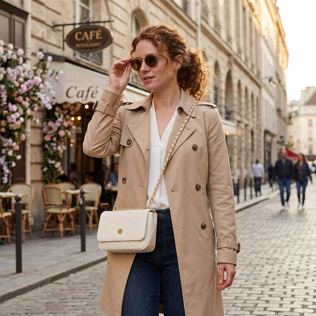 Woman carrying ivory quilted leather crossbody bag for travel and everyday use