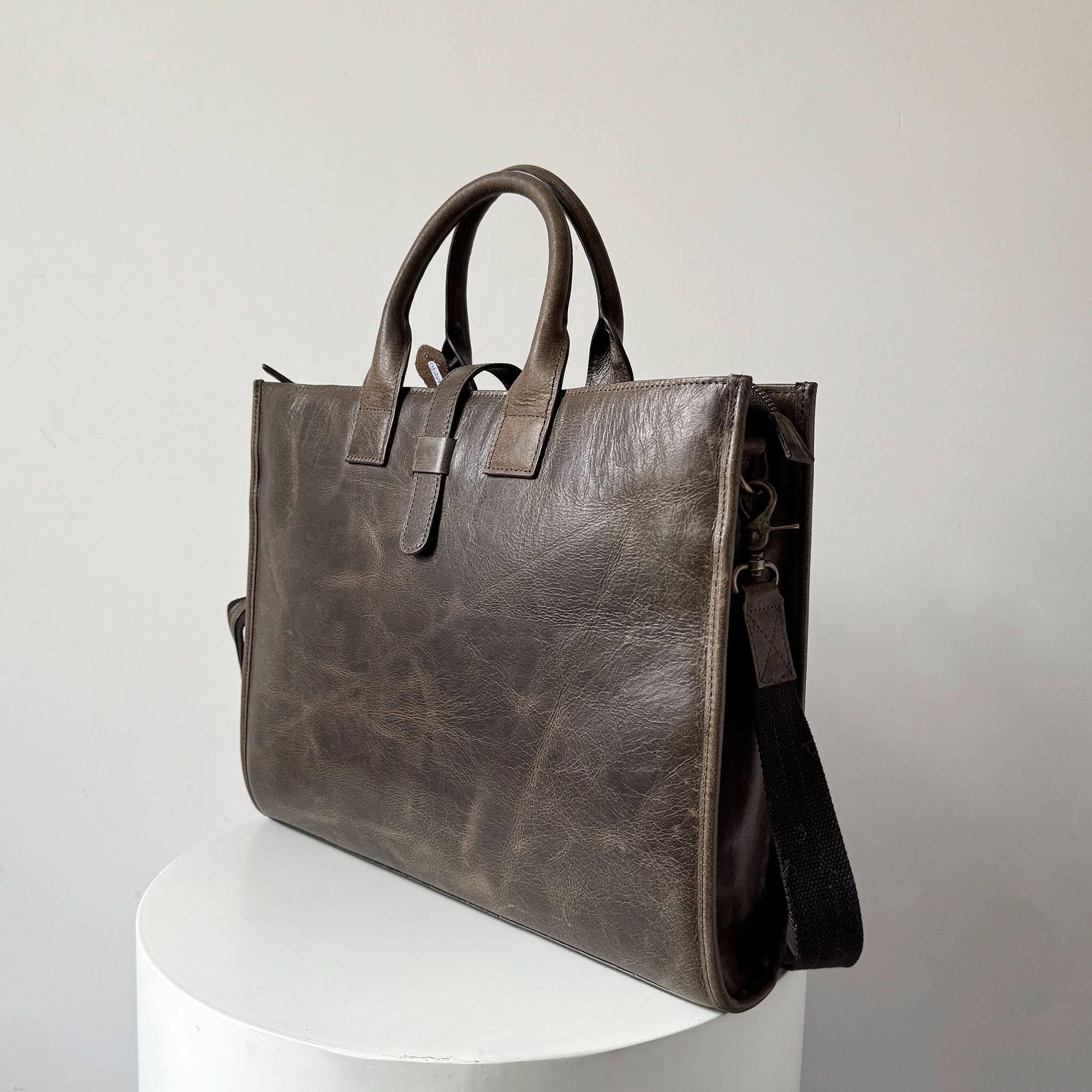 Side View Of Crazy Horse Full-Grain Leather Briefcase