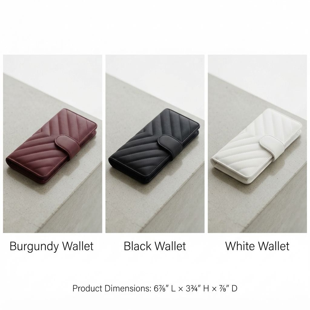 Three quilted lambskin wallets: burgundy, black, and white.