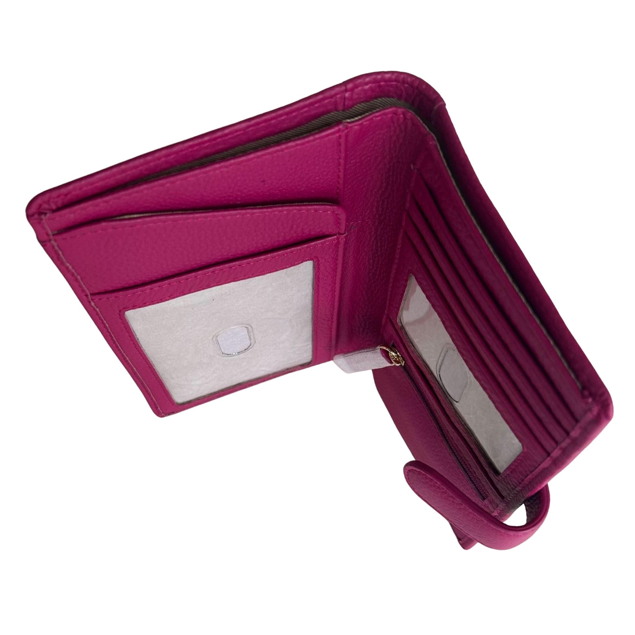 Open berry Sophia leather travel wallet showing card storage and ID window