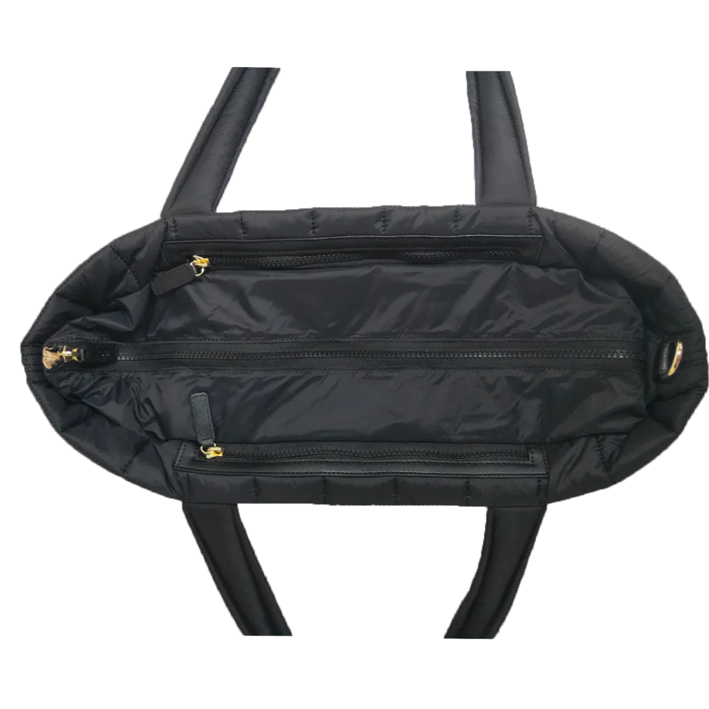 Top view of black quilted nylon tote bag with zipper closure