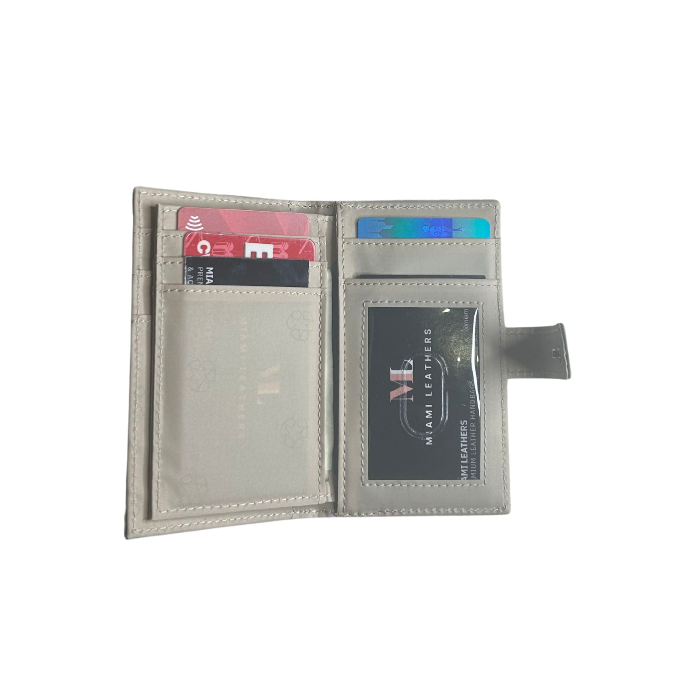 The second interior view of the lambskin leather wallet with multiple card slots, a cash compartment, and an ID window.