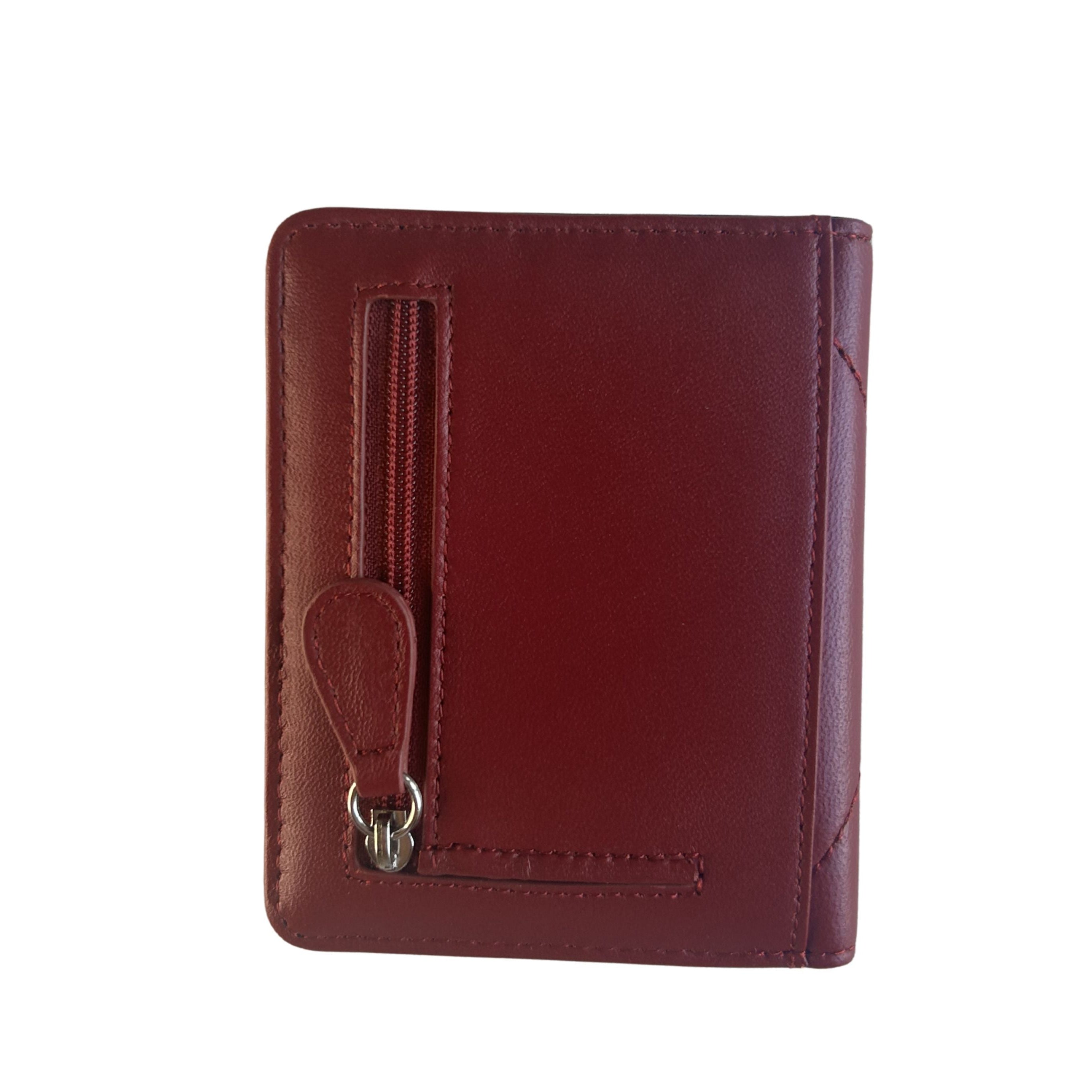 Back view of a burgendy lambskin leather wallet with a vertical zipper pocket and a small leather pull tab on the front