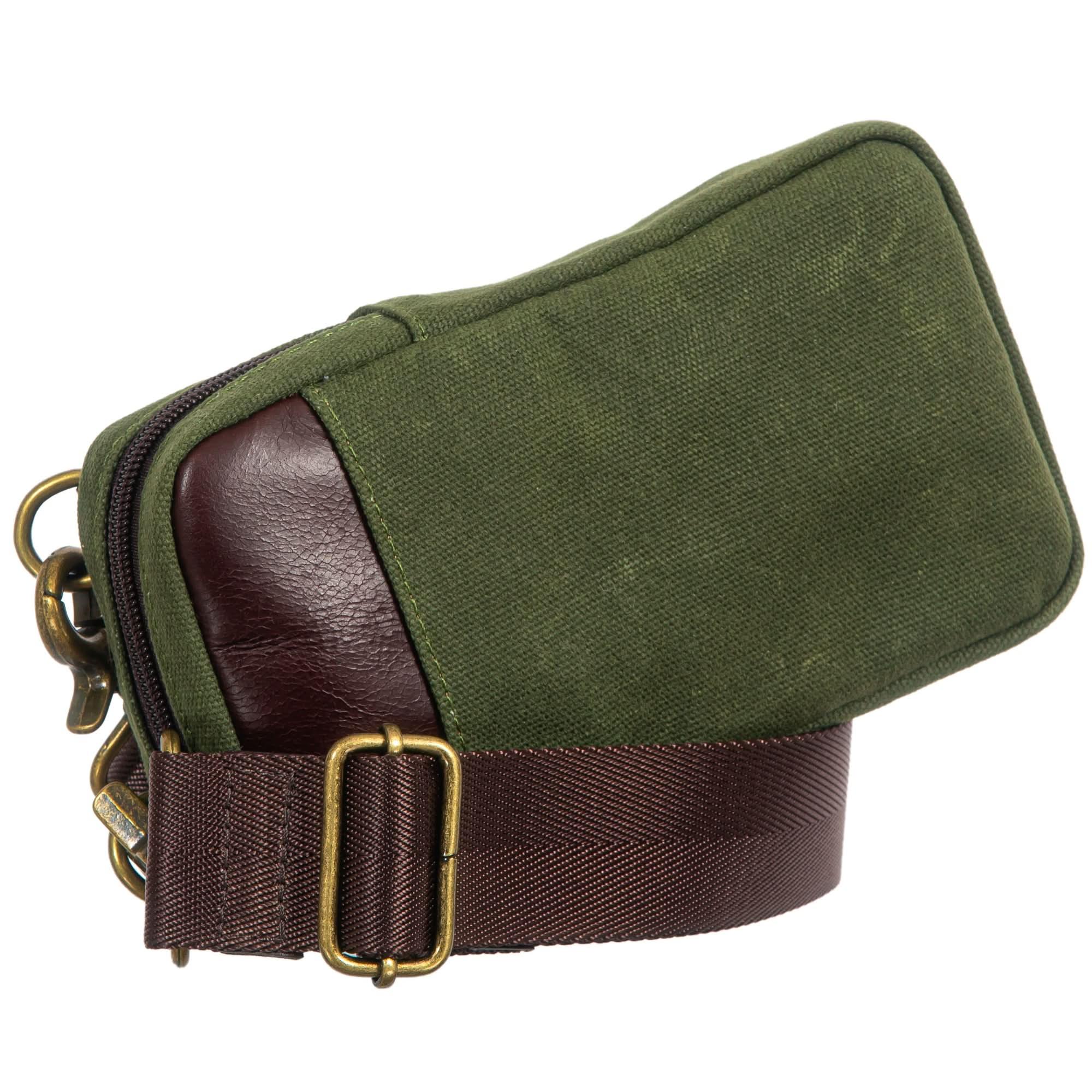 Waxed canvas phone case wallet with front flap and leather strap detail