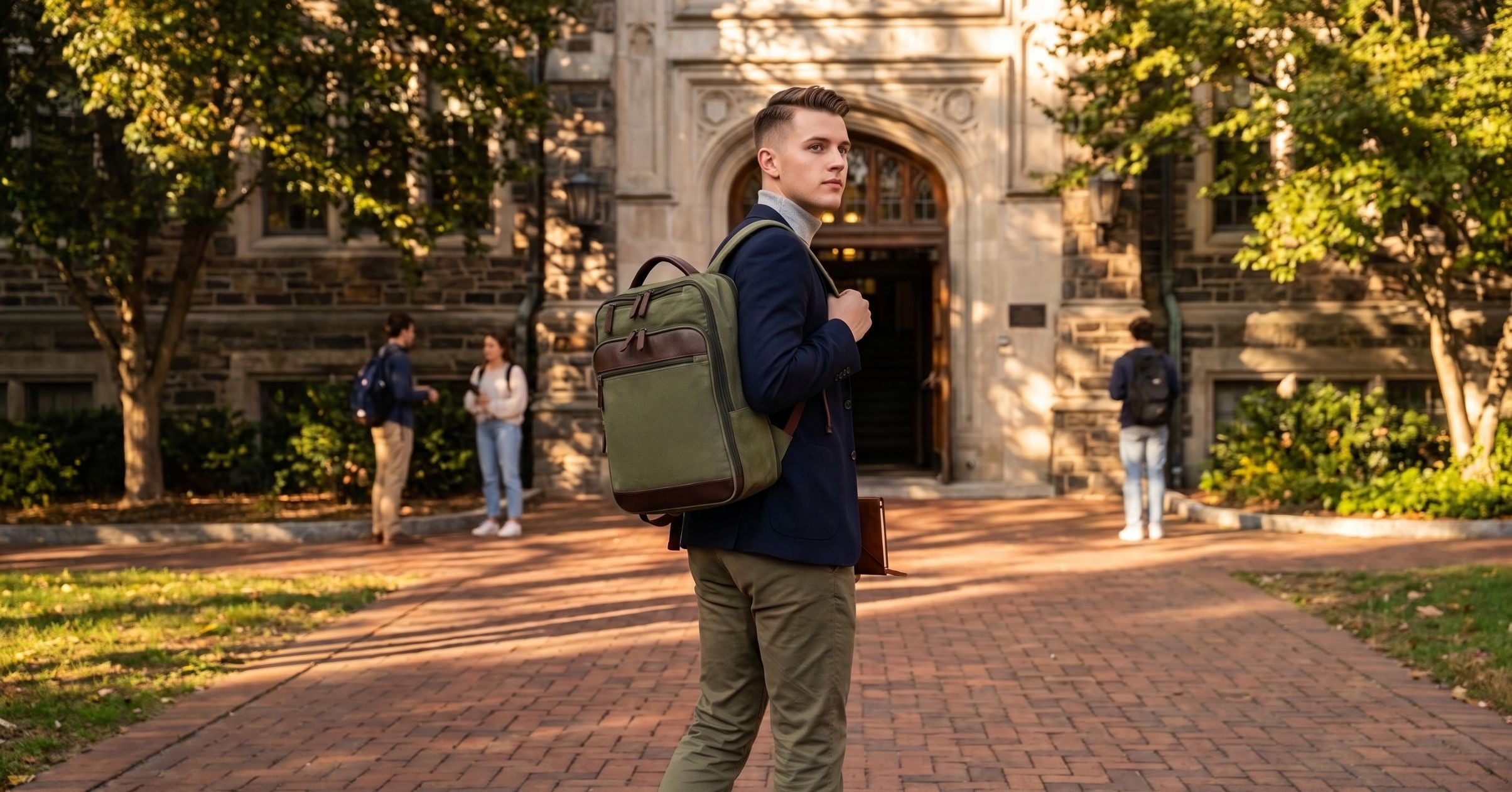 Life view of a person wearing waxed canvas backpack