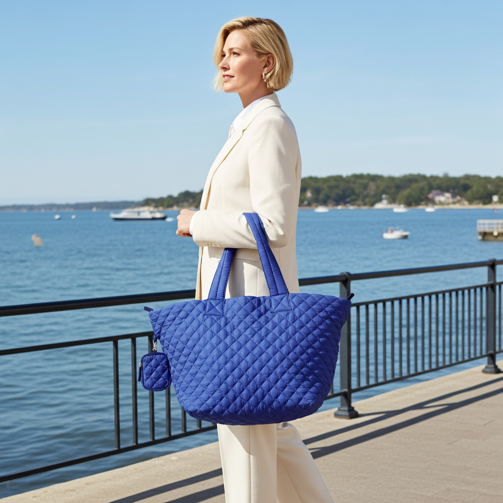 Woman carrying blue quilted nylon tote bag for vacation and everyday use