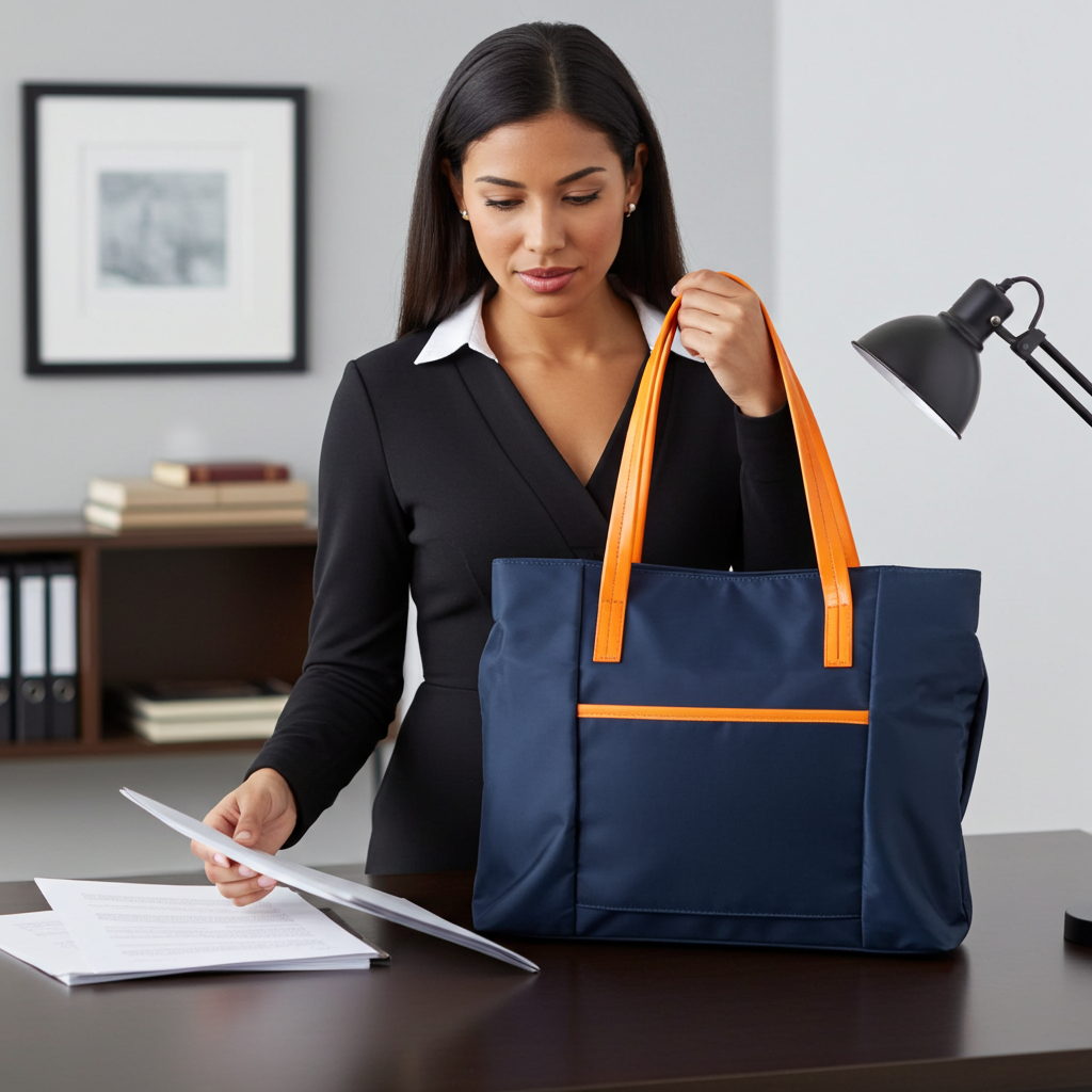 Woman in a professional setting with a navy tote bag and documents.